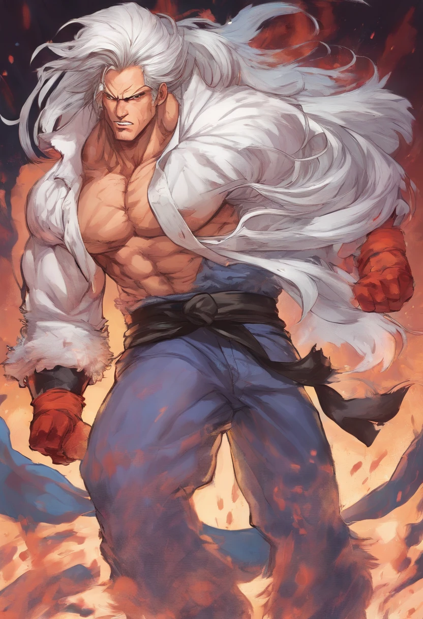 male with wolf ears and a wolf tail, long white hair with flowing long locks, has light beard, shirtless, wearing fingerless gloves, wearing worn jeans, is sweaty