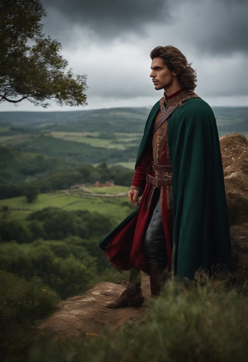 Homem, Medieval, cabelos brancos, olhos vermelhos sangue, prince, guerreiro, por volta dos 20 anos de idade, guerreiro, with a background on a high hill with overcast sky
