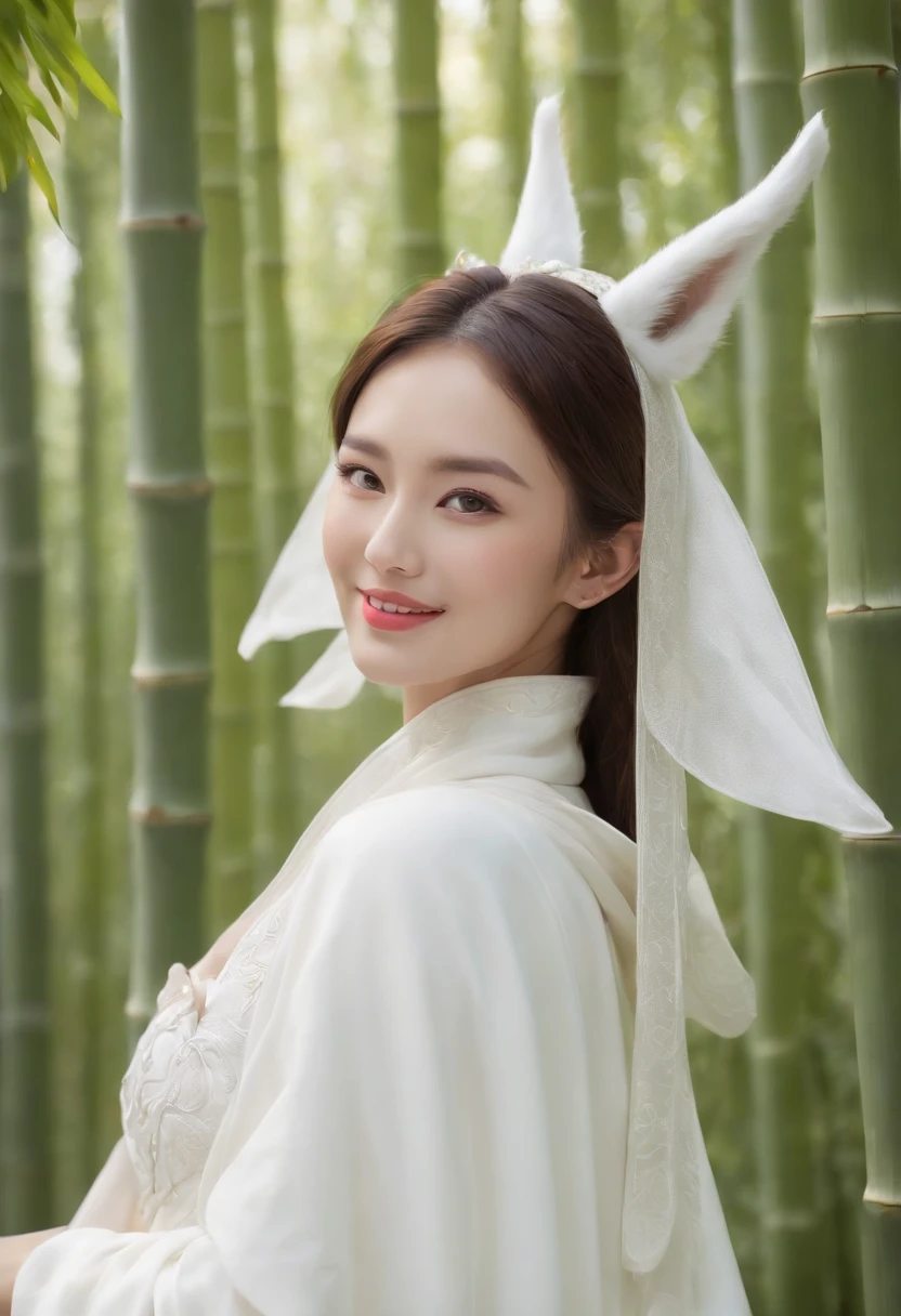 Large bamboo forest background, Beautiful Chinese wind fox fairy, Nine fox tails, Beautiful face, Glowing eyes, White Chinese traditional costume, White cape, Fox ears, half close-up, Look at the camera, Side shot, With an excited smile, style of surrealism, Very detailed, 8K resolution, rendering by octane,