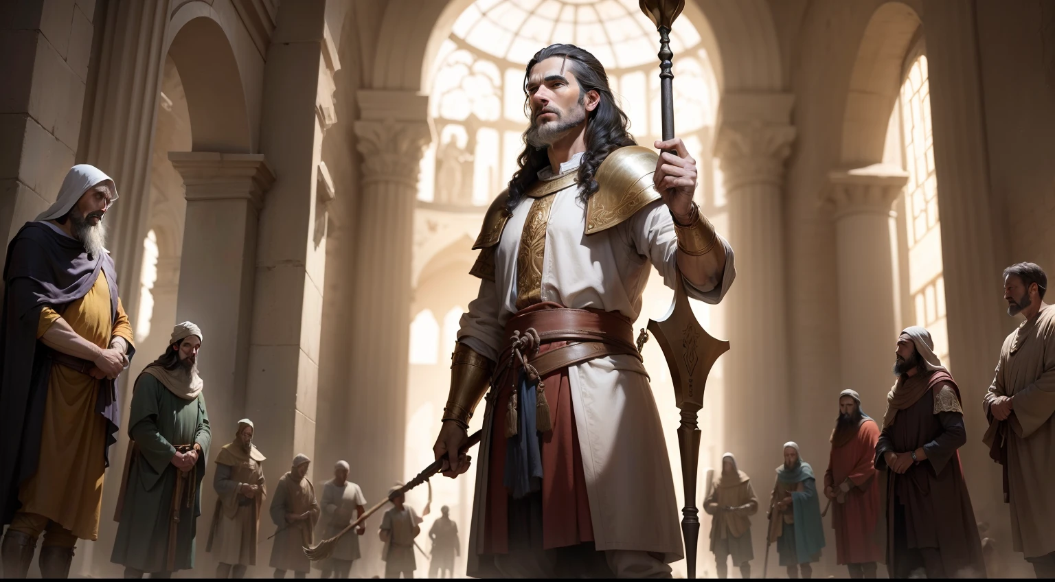 Man of biblical times standing with a staff in his hand and many people