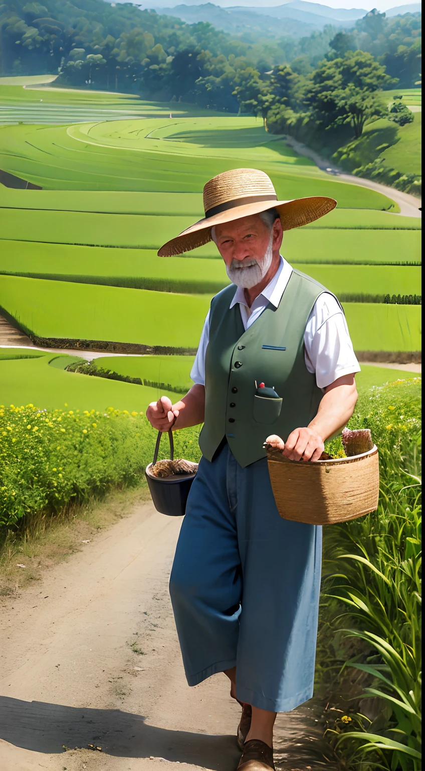 An old farmer carries a basket on his back,Walk on country roads,baiyun、blue-sky、Rice fields,hillside,Quiet,rustic,high definition detail、hyper-detailing、cinematic ligh、ultra-realistic realism、Soft light、Deep field focus bokeh、Ray tracing and surrealism。 --v6