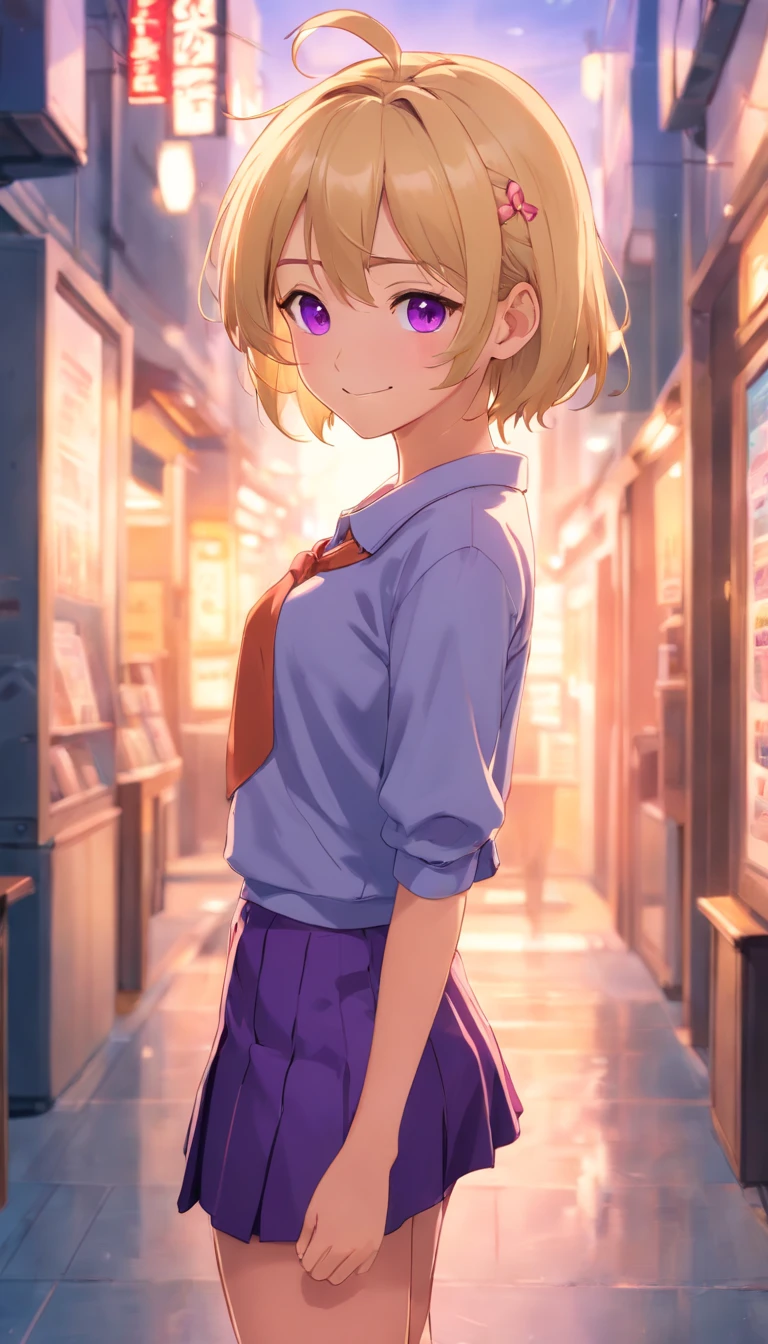 cute , looking at viewer, blonde hair, petite body, smile, full body pose, short skirt, big butt, middnt over, realistic, glowing eyes, purple eyes, photograph