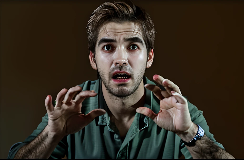 A man held out his hands，Hands reached out in front of him, Portrait of a man's terrified face, a photo of a disheveled man,horrified expression, The expression is terrified, Eyes wide in shock, People are scared, scary angry pose, Josh Grover, Paul Carrick, jeremy enecio, jeremy elbertson, raphael personnaz, scary pose
