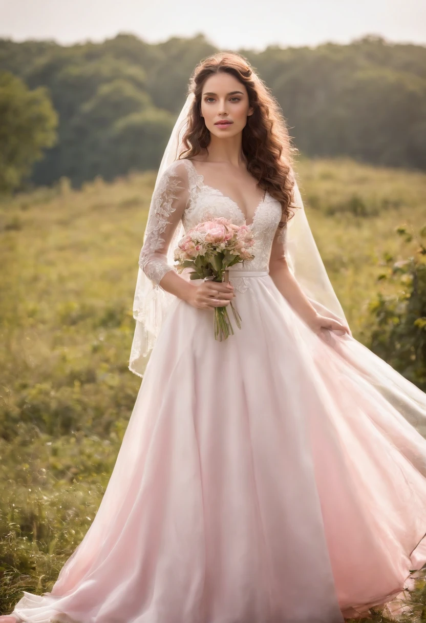 (Full body photograph of 1 girl curly hair wedding dress with large transparent veil and pink dress + suave e delicado +)+(Vestido longo em cores brilhantes, Luz brilhante, Cabelo loiro longo e liso + Olhos brilhantes e acolhedores)+(pink petals + Brisa suave + with blue sky and white clouds + Bosques verdes e floridos)