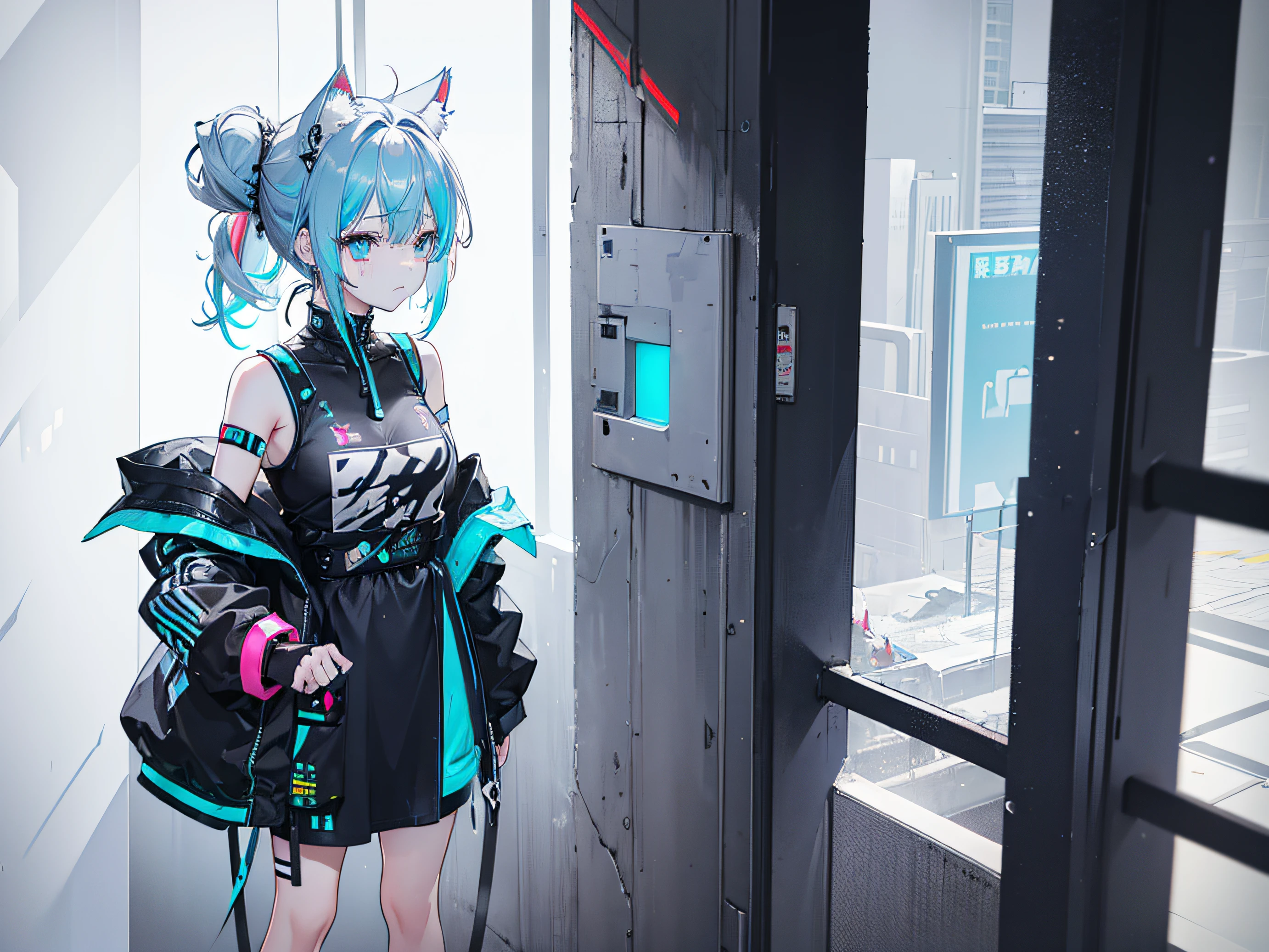 a 1girl, gray hairs, hair up to the shoulders, Cyan eyes, Hairpin on the hair, On the back of the hair is blue, multi-colored hair, small cat ears, crying girl, Cry, Cyberpunk clothing style, Shoulders open, Hands open, bracelets on hands, pastel colours, full length, adult girl, Standing against the wall