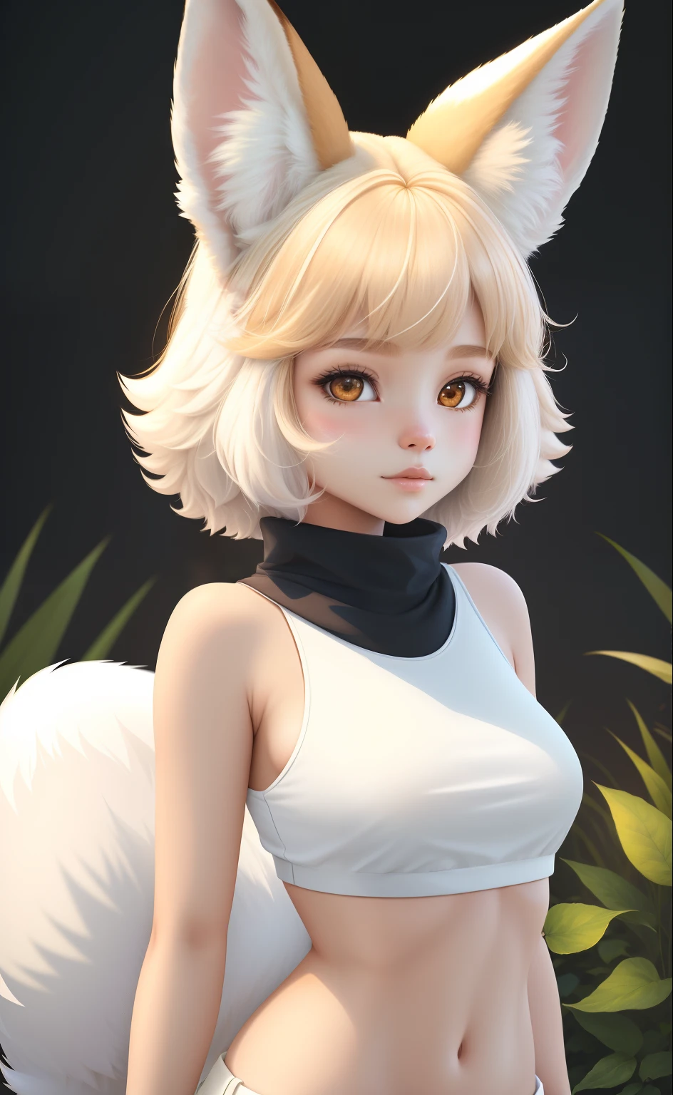 , mammal, canid, fur, a Dog, Solo, White body, Fennec fox, Whiskers, White fur, plant, leafs, Clothing, anthro, tuft, Ambiguous gender, hi，It's nothing, Detailed background, wears, inner ear fluff, Black nose, nipple tops, Portrait, view the viewer, Nature, Bust portrait, Fluffy, Fox, outside, Front view, shirt, Brown eyes, multicolored body，Cute body type，Moe Moe