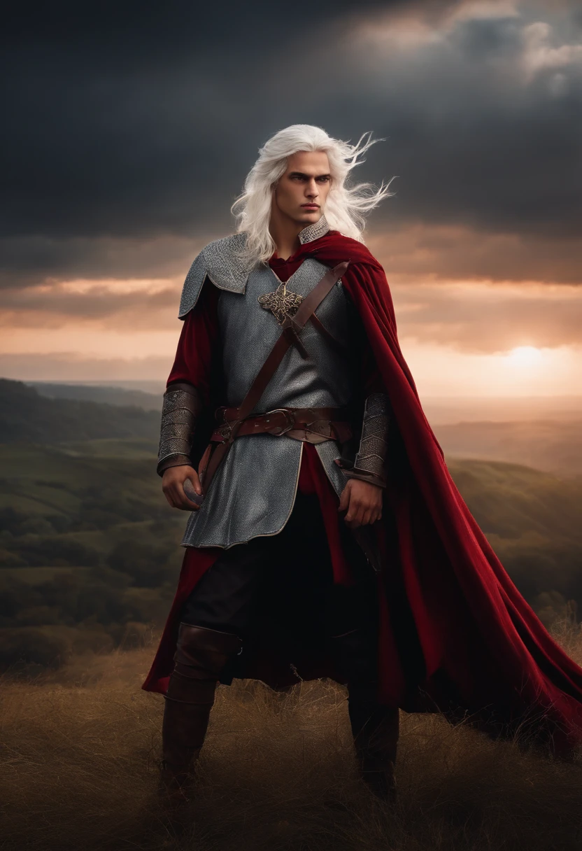 Man, Medieval, white hair, blood red eyes, prince, warrior, 20 years old, warrior, with a background on a high hill with cloudy sky