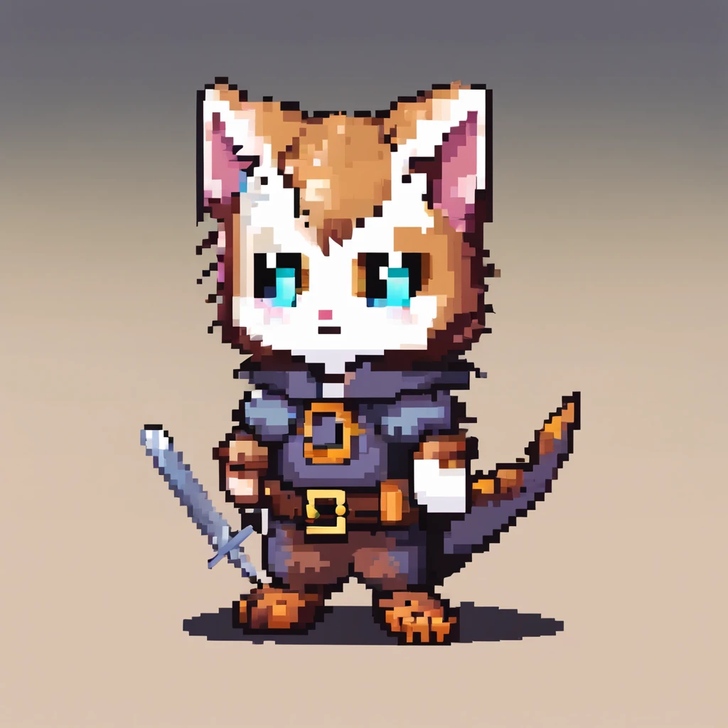 Kitten, nft, pixel art, kitten holding a sword and adventuring, cute, beautiful, colored detailed eyes,