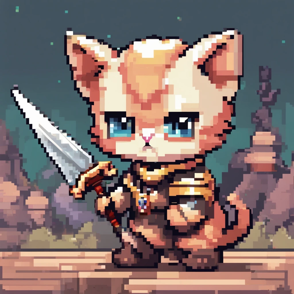 Kitten, nft, pixel art, kitten holding a sword and adventuring, cute, beautiful, colored detailed eyes,