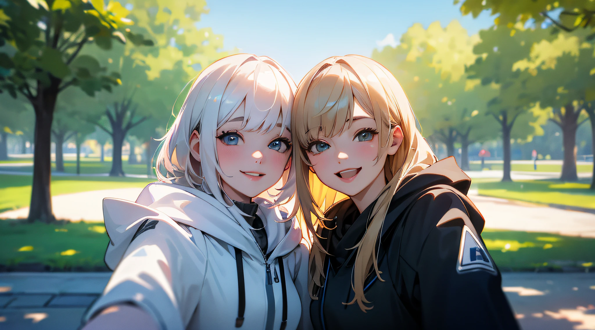 Caucasian friends smiling selfie in the park together, hoodie, clear photo, ultra realistic --auto