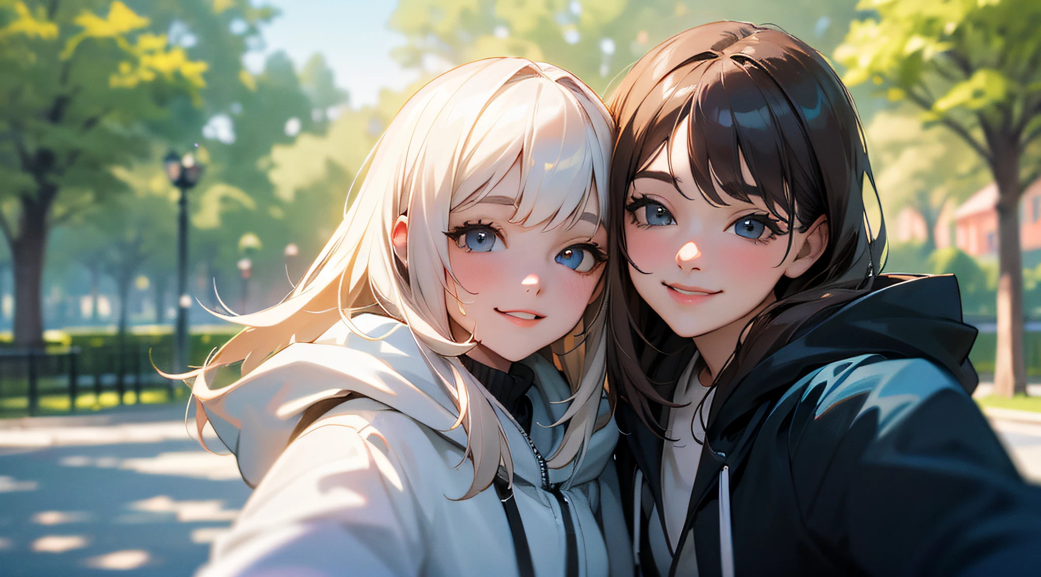 Caucasian friends smiling selfie in the park together, hoodie, clear photo, ultra realistic --auto