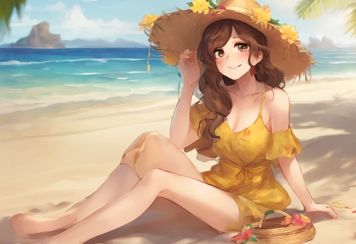 1 girl, Long hair, Brown hair, Wavy upper back length, Brown eyes, Lady yellow bikini with flower pattern, Wear a beach straw hat, En plein air, Sit under a beach umbrella, Beach background