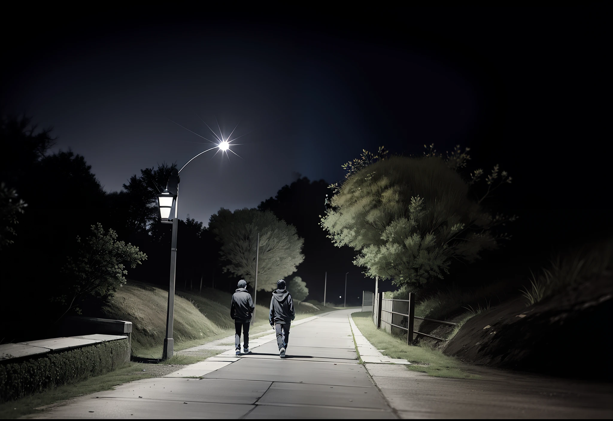 Three boys（One wears a black hoodie），Walk together on the country paths，（1 o'clock at night），dim street lights，With his back to the camera，Black comic style