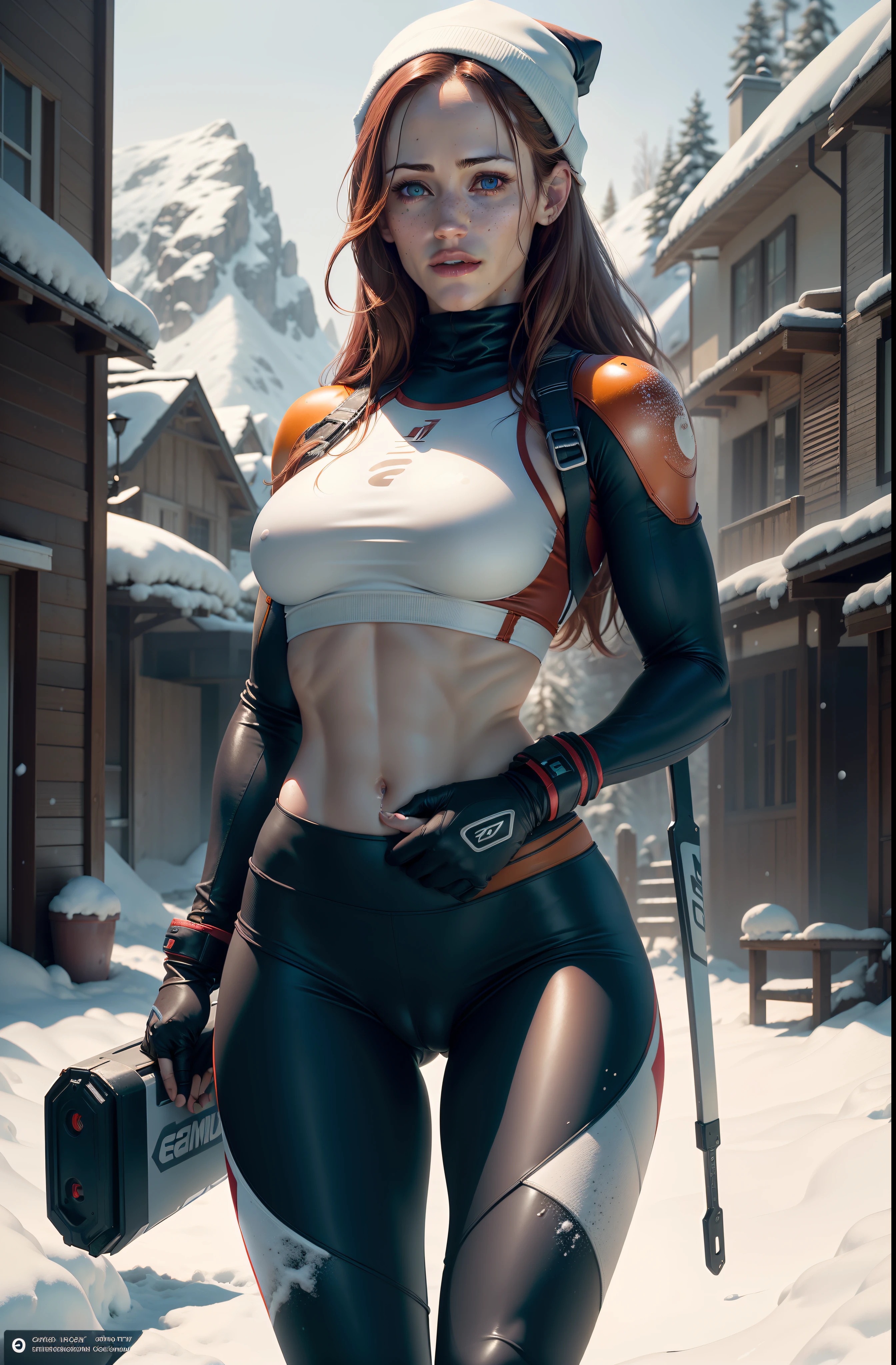 ((Jennifer Garner from Alias TV series)), Raw, Analog, Nikon Z6, Award winning action photograph of looks like Jennifer Garner wearing , red hair, skintight ((leggings)) a skintight white crop top, ((exposed midriff)), freckles, ski cap standing on a snowy mountain, snow flakes falling, people skiing in background 18 years old, (short red hair), green eyes, small perky breasts, ((chiseled abs)), athletic, thin, skinny, petite, [blue eyes], wet hair, wet skin, large breasts, big breasts intricate detail, highres, detailed facial features, high detail, sharp focus, smooth, aesthetic, extremely detailed, stamp, octane render, puffy , (pronounced pubis), ((cameltoe:1.3)), octane render, photo_\(ultra\), photorealistic, realistic, post-processing, max detail, roughness, real life, ultra realistic, photorealism, photography, 8k uhd, photography, SEMI-SILHOUETTE light, octane render, freckles, trending on instagram, espn, sports illustrated, (((rear view))), (((butt to the camera)))