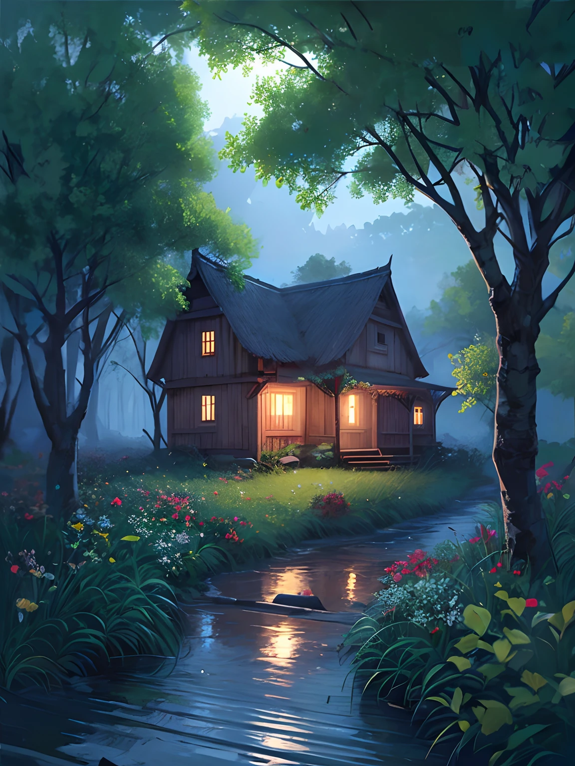 Night view of a house in the forest,There is a path leading to it,There is a stream,There are fish in the river,There are animals in the woods,There is fog in the distance,,There is light irradiation,Peace everywhere, fruit trees along the way,The night is calm。digital illustrations, Beautiful house on a forest path, background artwork, Cabin in the forest, 4k highly detailed digital art, solitary cottage in the woods, House in the forest, nightime village background, House background, Cabin in the woods, 4K detailed digital art