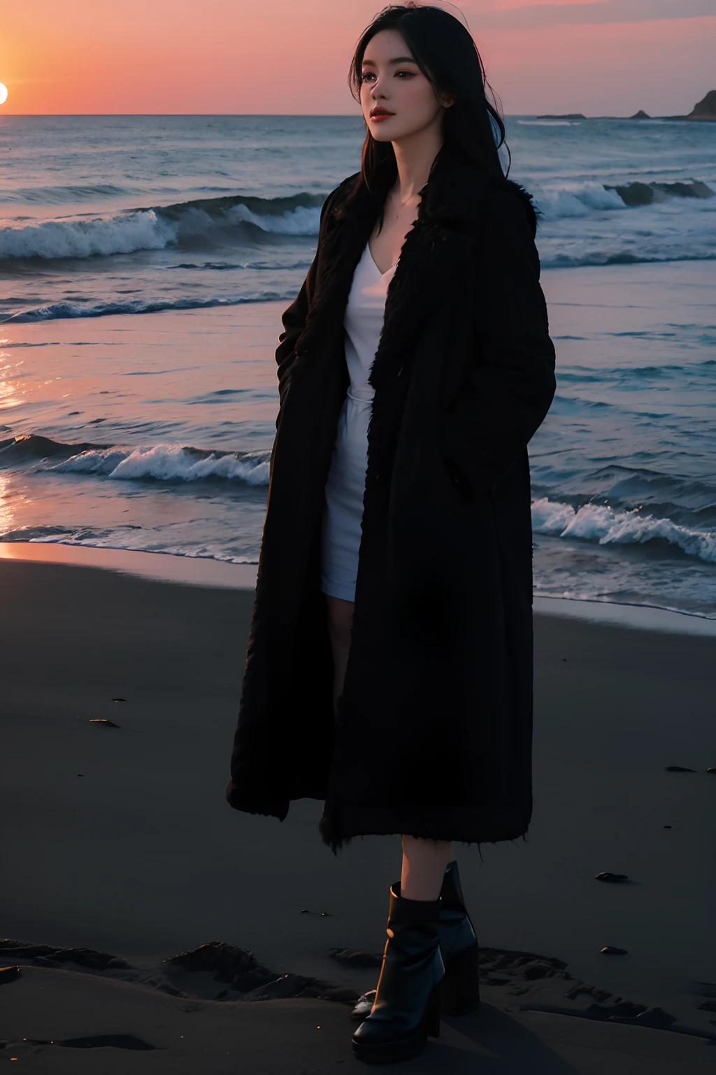 beautiful Girl,Long black hair,Black feather coat,High heel,Beach by the sea,the sunset,full bodyesbian