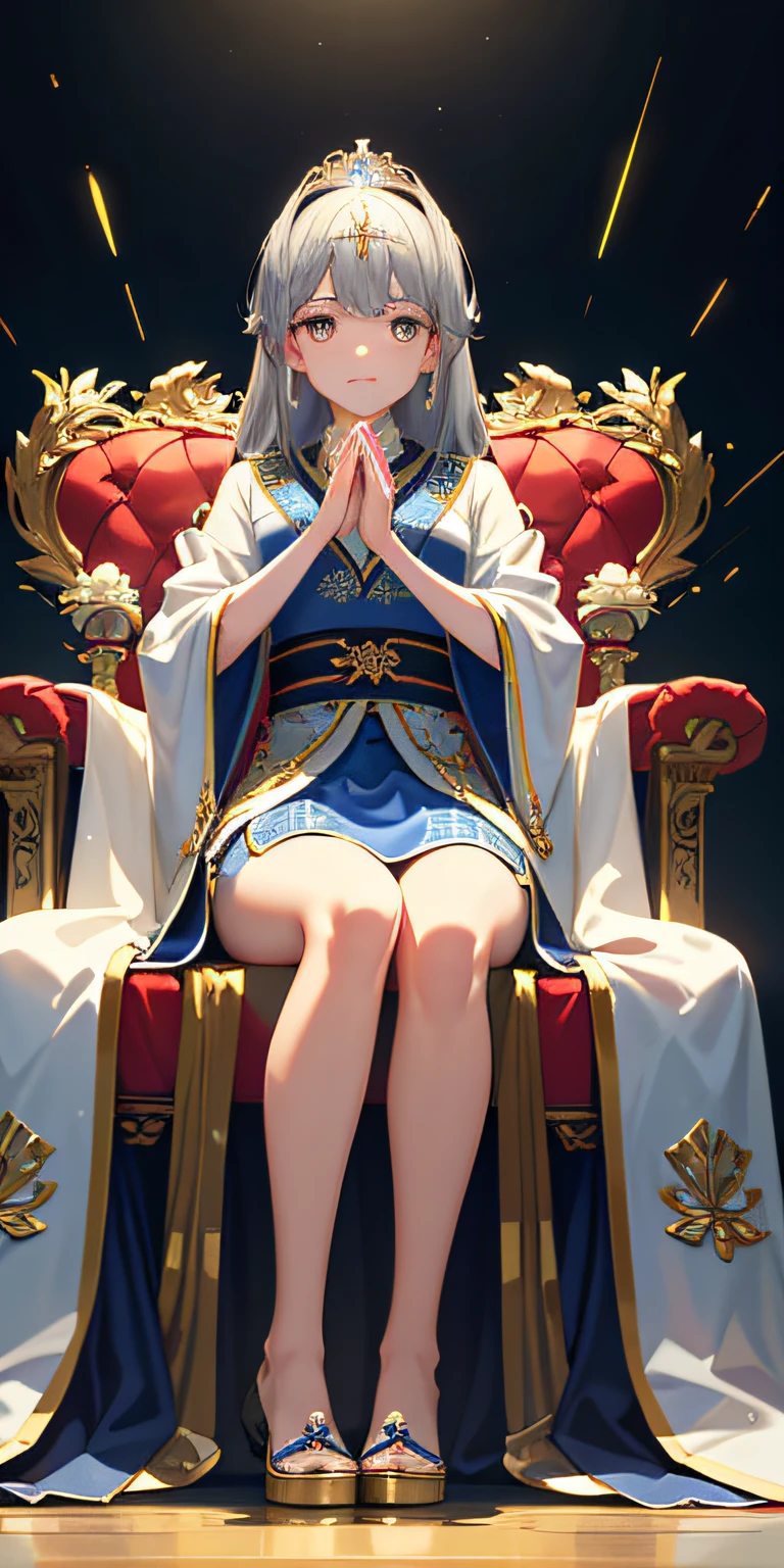 (Masterpiece:1.2), Best quality, (illustration:1.2), (Ultra-detailed), 超详细信息, (细腻细致), (Intricate details), (Cinematic light, 最优质的背光), 清晰的线条, From below, solo female,perfect bodies,(1girll),Gray hair and yellow eyes,(the emperor,clear clothing),(tiara crown:1.1),sitting on an royal throne,Close your eyes slightly,low head,low head,(is shy:1.2 ), ((Makeup)), High contrast, (Best illumination, an extremely create and beautiful), ((Cinematic light)), Bright colors,