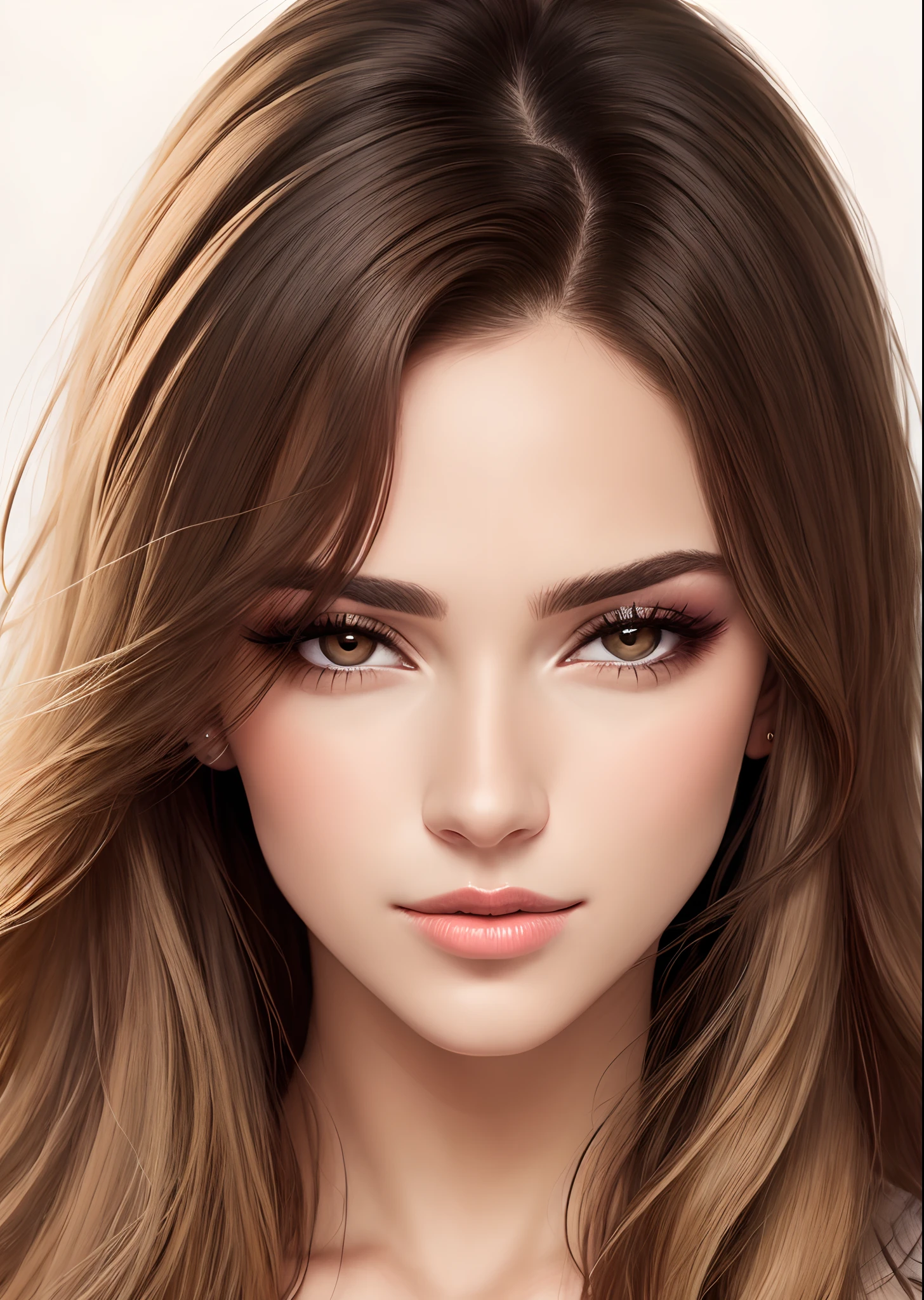 Woman dark root tips of hair blonde hair long eyes with drooping eyelids flushed face well-drawn mouth Brazilian woman resembling actress Carolina Dickmann dark brown eyes