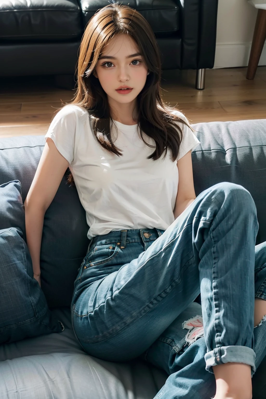 1girll,Sit on a comfortable sofa,Cross ed leg,Wear jeans underneath