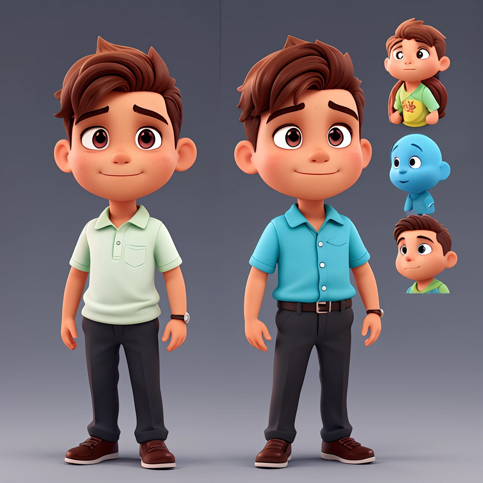 Bonito pequeno investidor masculino de 35 anos de idade, huge head, tiro cabelo undercut olhos altamente detalhados, front-faceing, ajuste, parece um chefe, whole body view, Highly detailed hands, figuras de brinquedo, melhor qualidade, desenhos animados 3d, whole body view, fantasia, sonho, surrealismo, super bonito, trending in the artstation