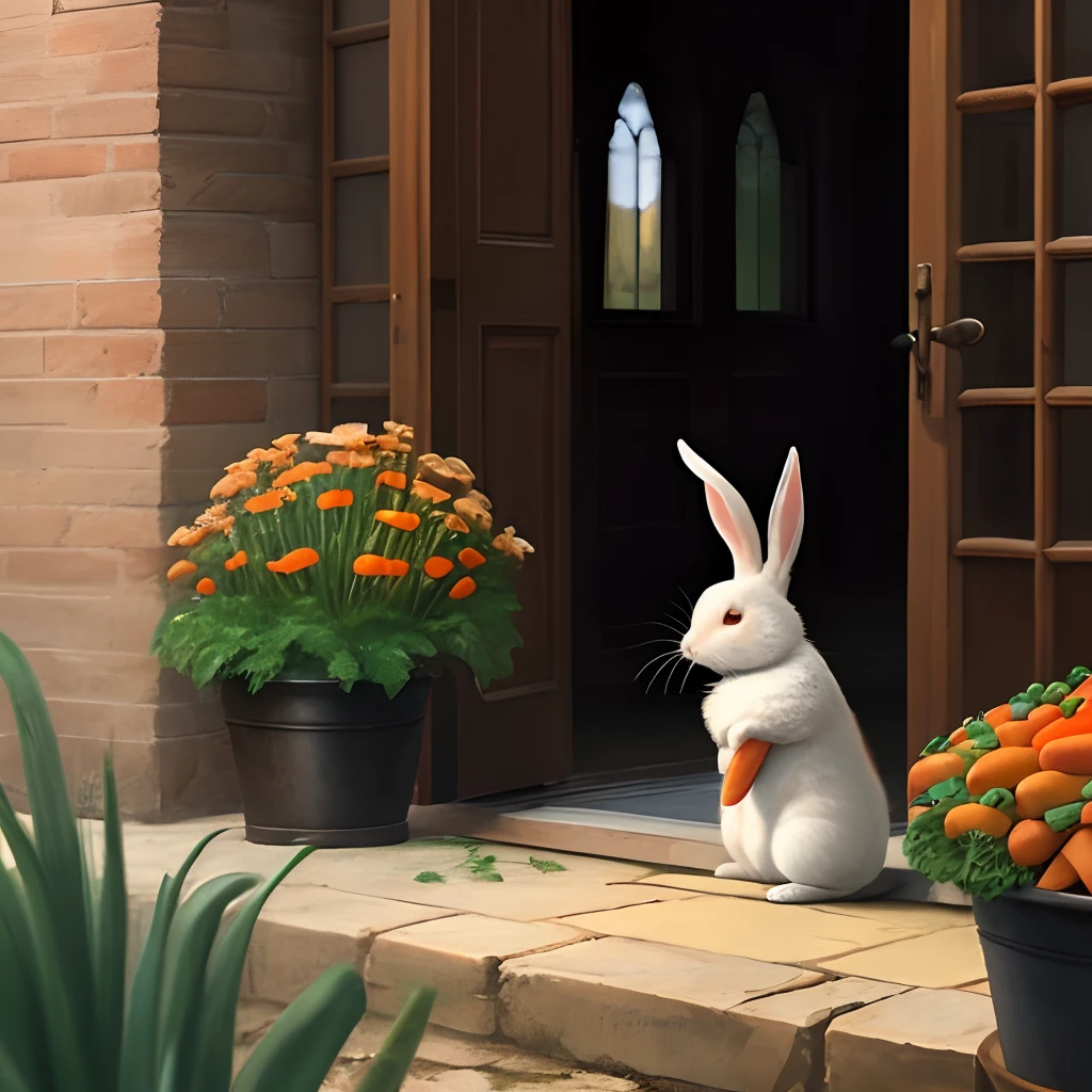 A little white rabbit,In the courtyard,Eat carrots