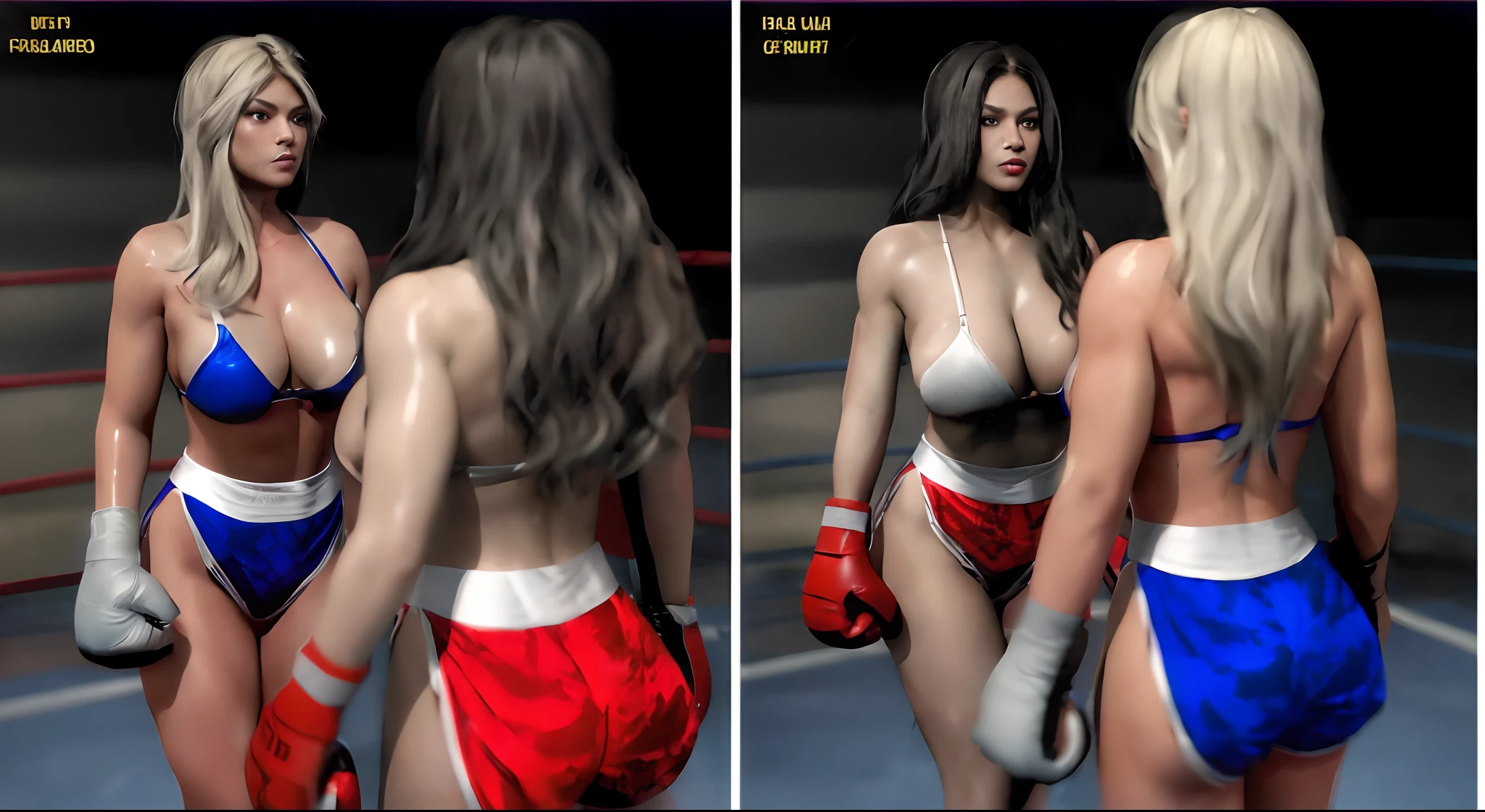 two women in boxing gear are fighting in a ring, comic book:.2 | unreal engine:.3, comic book:.2, fighting game, fight, demon boxing hero, brutal fight, posing for a fight, posing for a fight intricate, fight pose, fighting, cinematic mid shot fight, fighting scene, cover art, boxing match, 2b