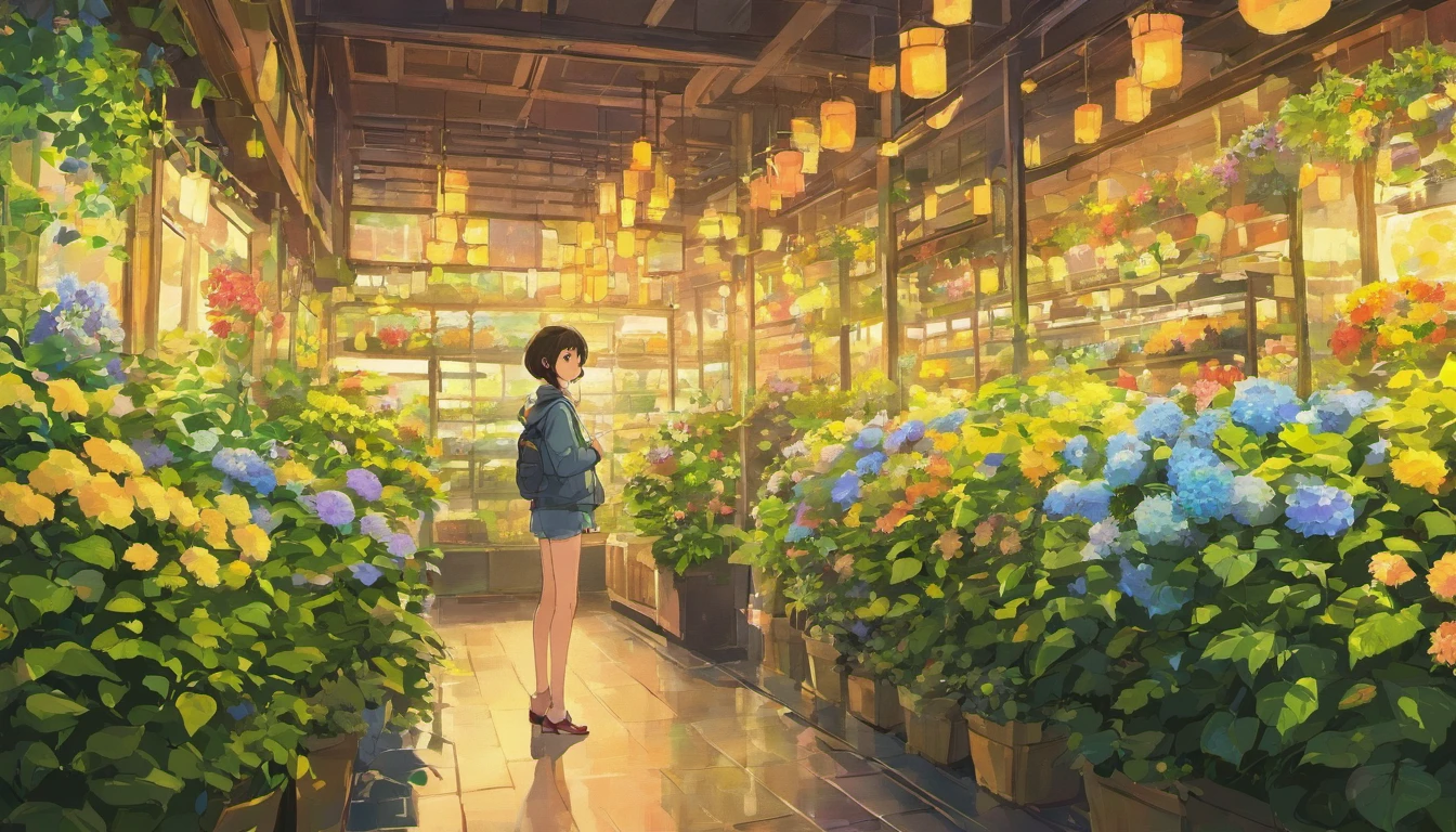 Flower shop、A girl in baggy jeans looking at hydrangeas