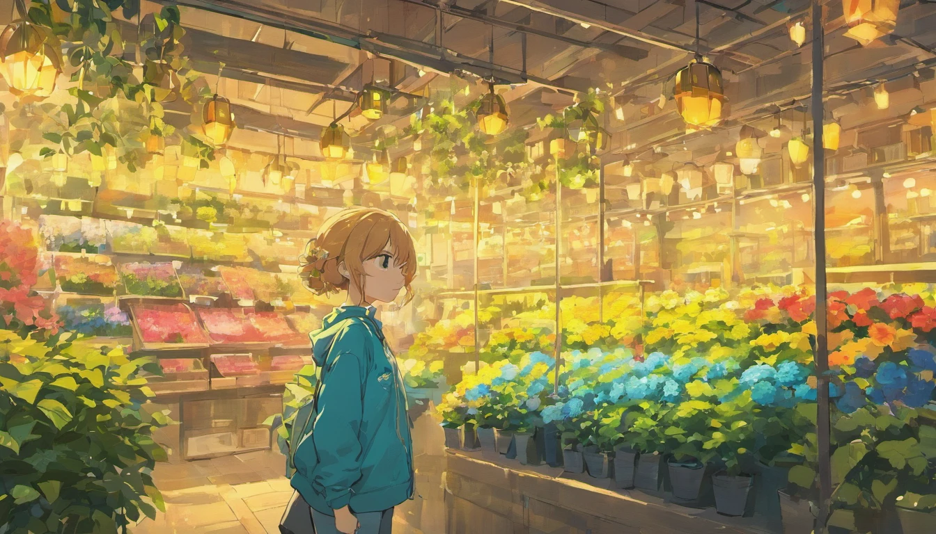 Flower shop、A girl in baggy jeans looking at hydrangeas