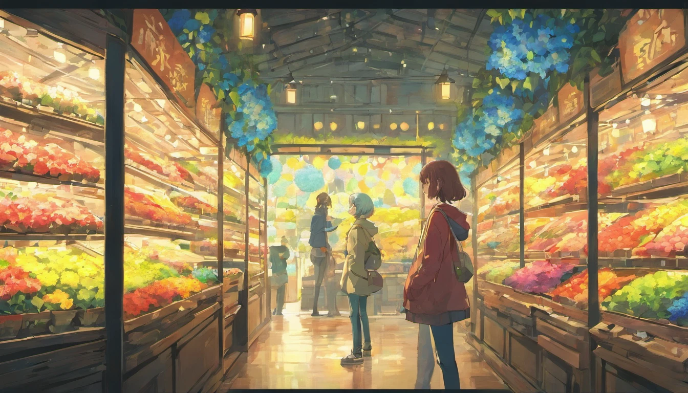 Flower shop、A girl in baggy jeans looking at hydrangeas