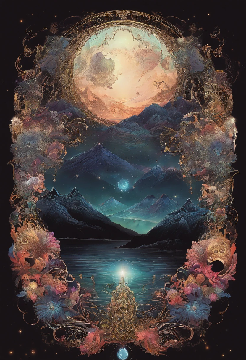 Create a metal album cover that shows towering mountains in the center of the image. El cielo nocturno debe estar lleno de constelaciones brillantes, generando un ambiente oscuro y misterioso. Si es posible, It incorporates a black hole in the background to increase the sense of the unknown and the enigmatic...