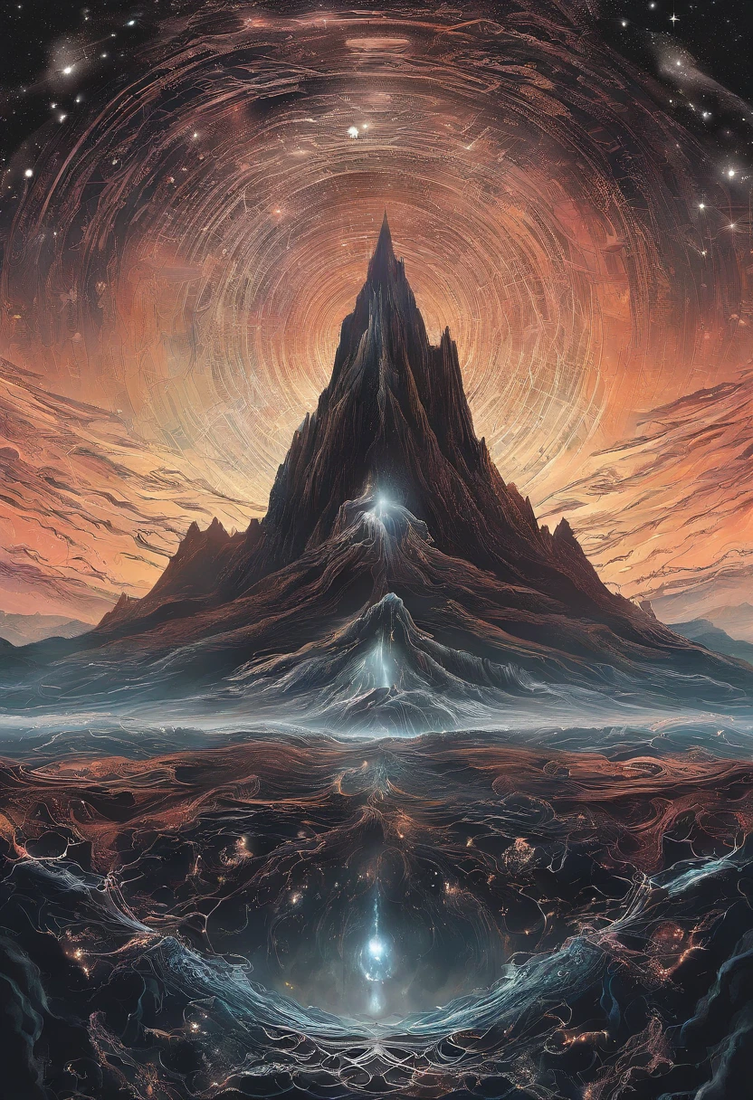 Create a metal album cover that shows towering mountains in the center of the image. El cielo nocturno debe estar lleno de constelaciones brillantes, generando un ambiente oscuro y misterioso. Si es posible, It incorporates a black hole in the background to increase the sense of the unknown and the enigmatic...