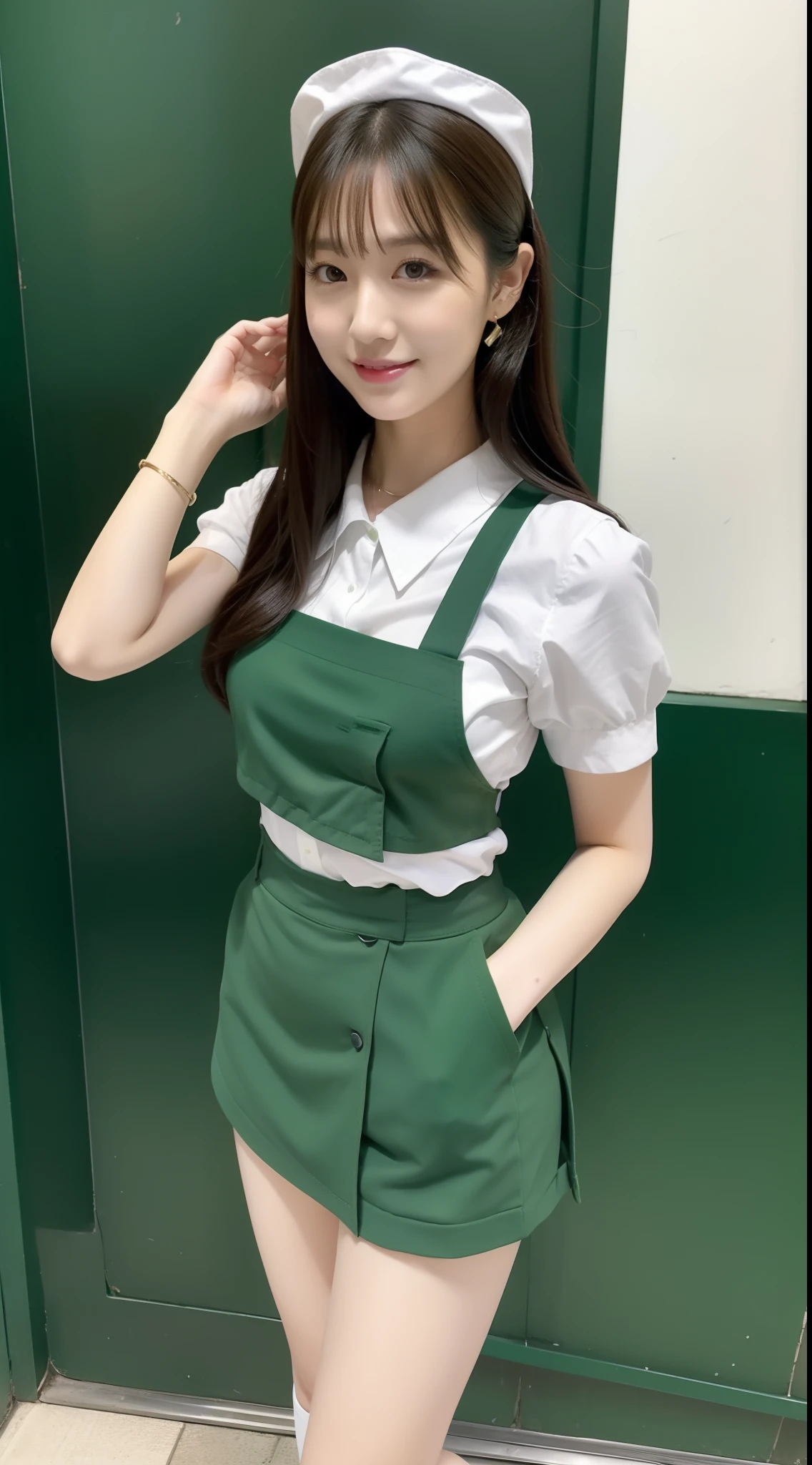 Waitress in green miniskirt