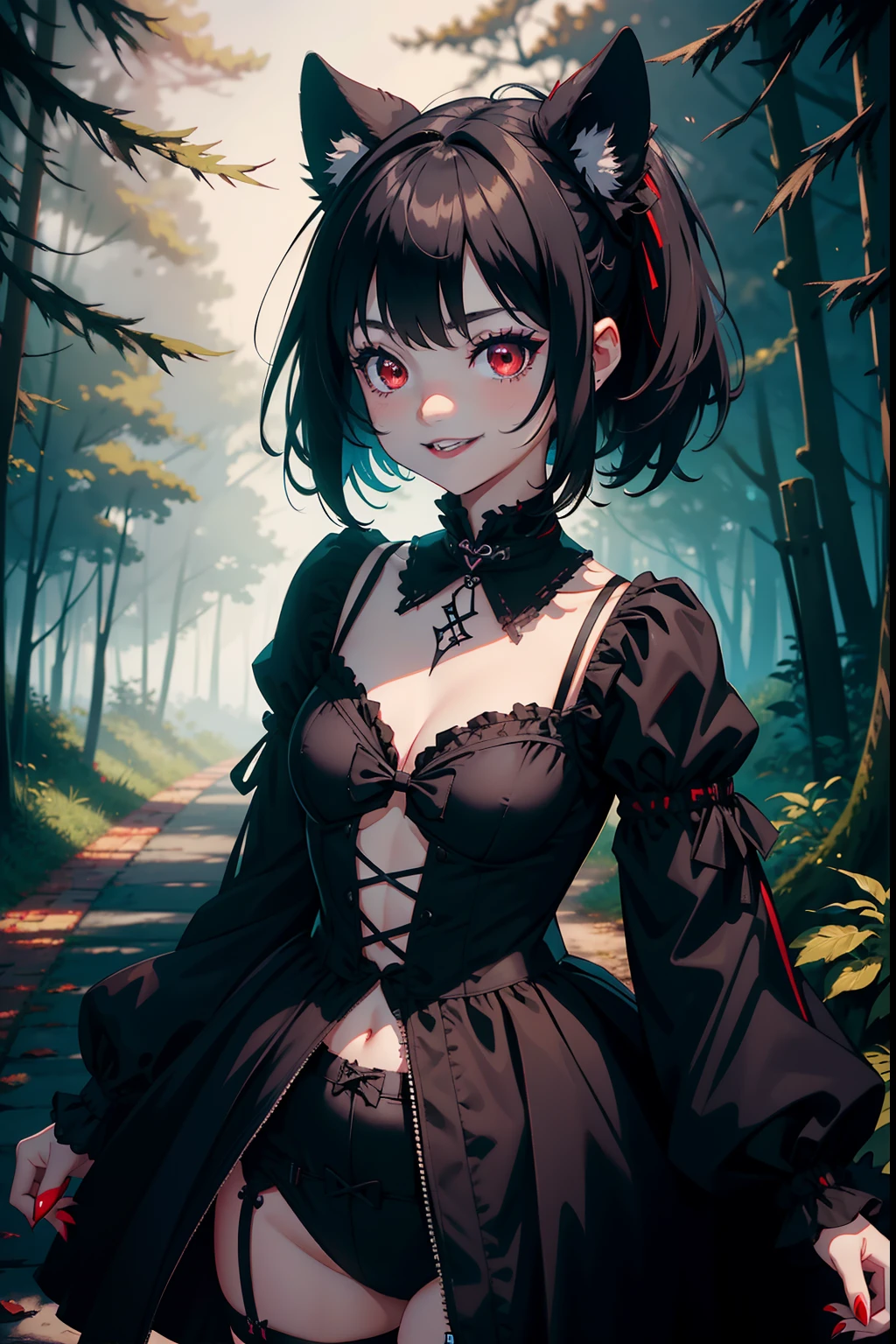 young girl, goth girl, emo girl, short, gothic lolita, hair cut,  girl, small breasts, smiling, black letter outfits, black lipstick, red eyes, smiling, on a forest, night, fireflys in scenery, 4k