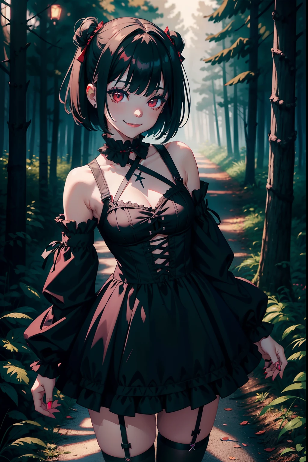 young girl, goth girl, emo girl, short, gothic lolita, hair cut, tiny girl, small breasts, smiling, black letter outfits, black lipstick, red eyes, smiling, on a forest, night, fireflys in scenery, 4k