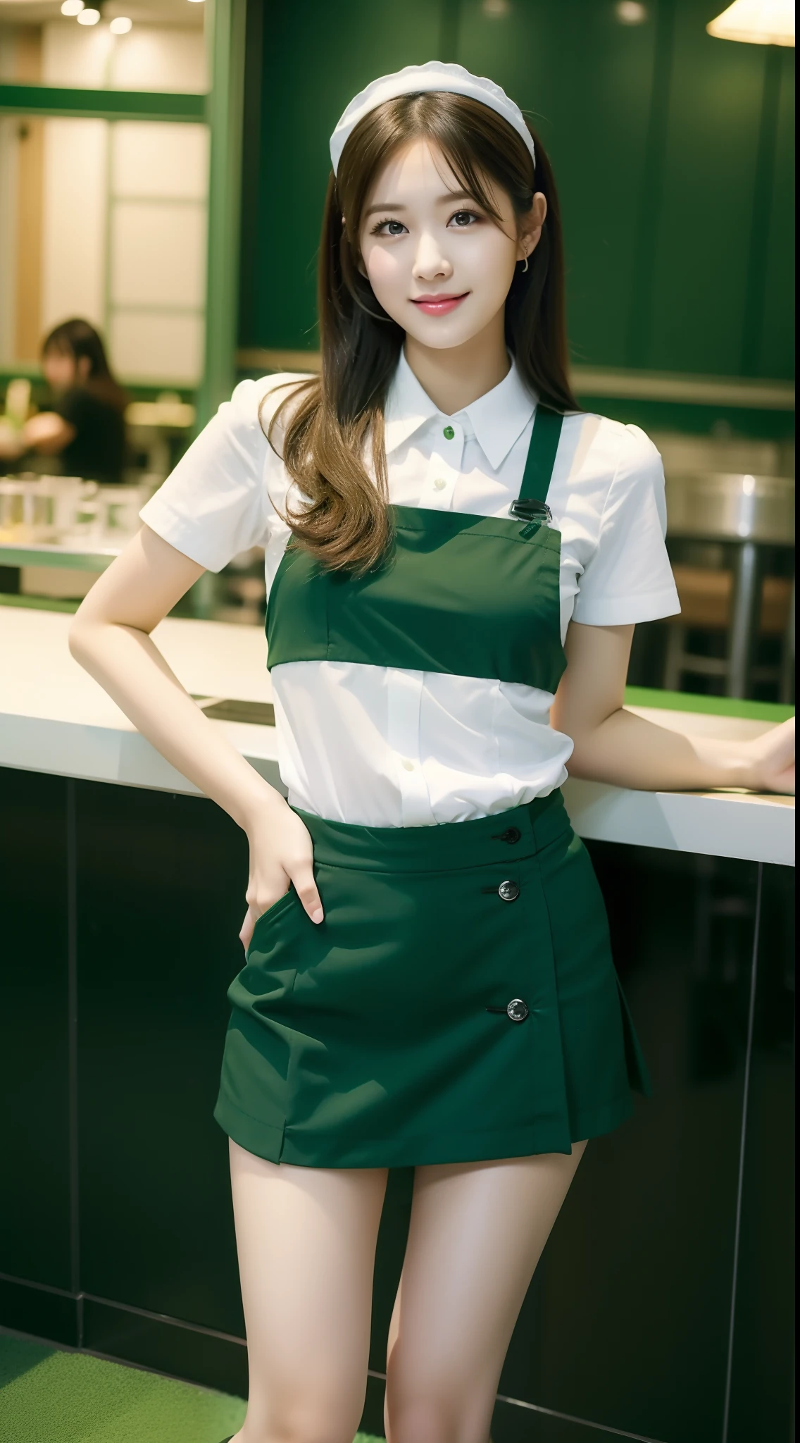 Waitress in green miniskirt