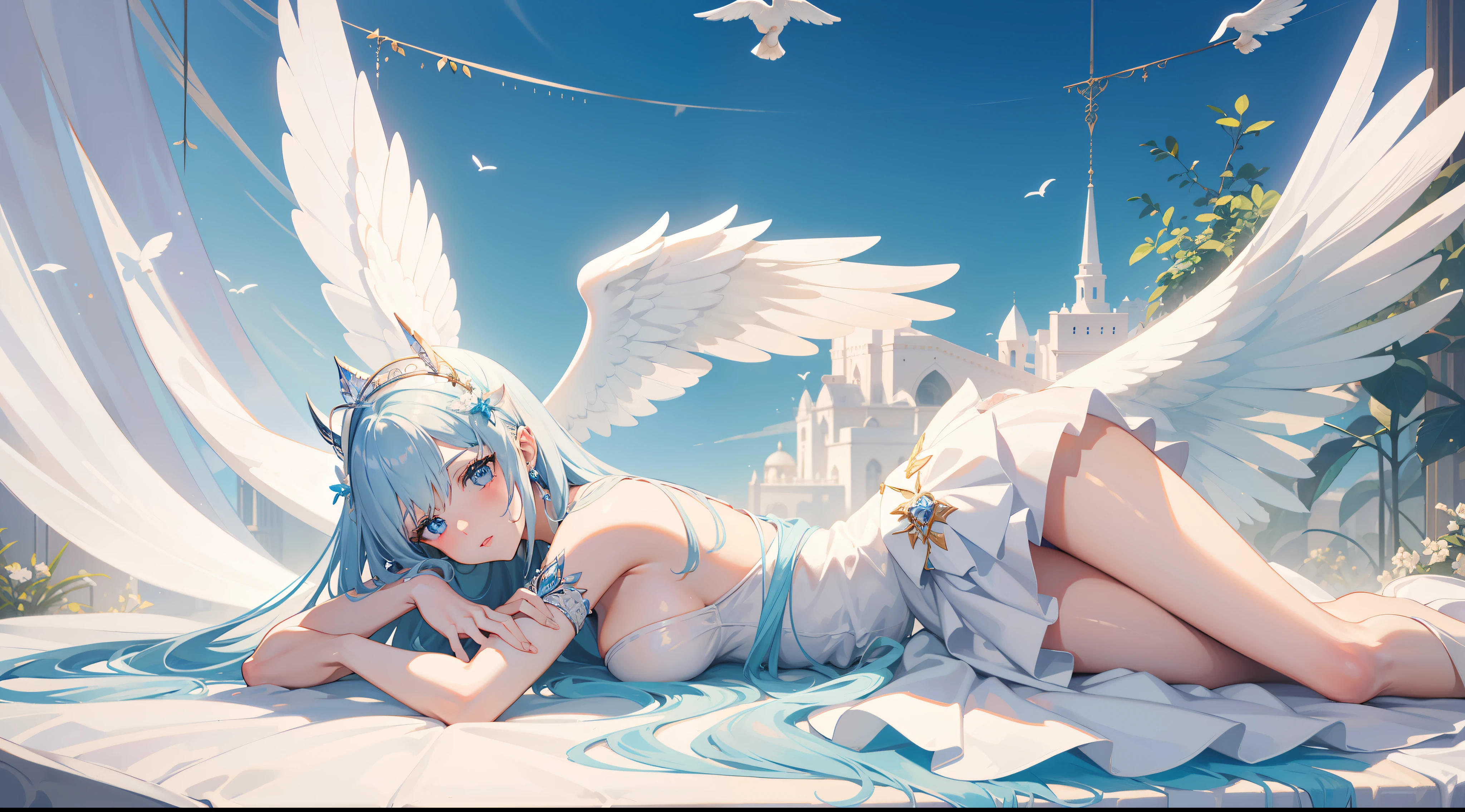 masterpiece, best quality, ultra -detailed, finely detail, White girl, angel, two big wings, white hair, blue eyes, sexy, sexy pose, pastel blue dress, full body, long hair, fringe, pastel blue dress, white shoes, acessories, wings on the back, lying down