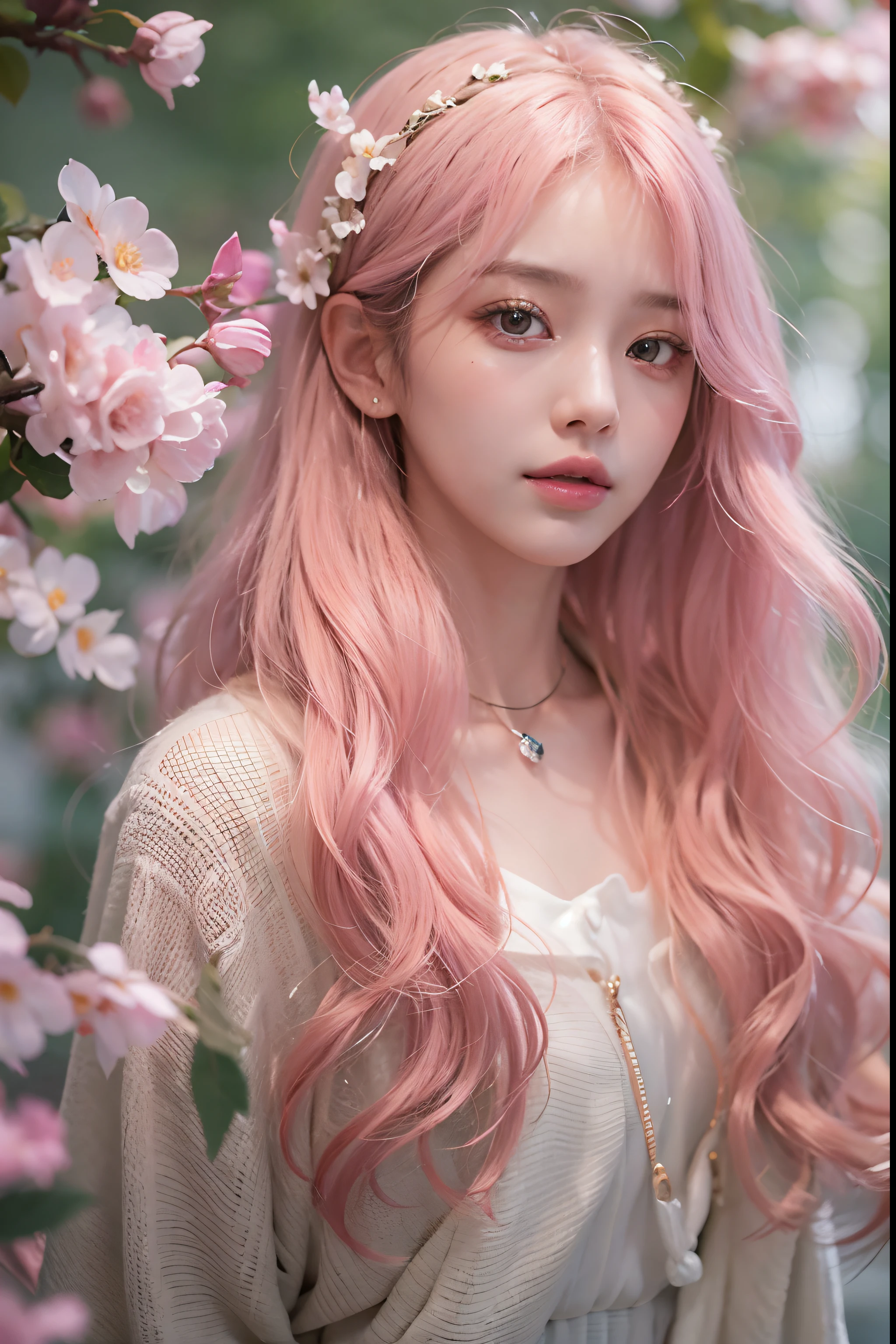 (Best Quality Detail)、realisitic、8K UHD、hight resolution、(1girl in:1.2)、(Pink hair), The ultra-detailliert、High quality textures、intricate detailes、ultra-detailliert、Very detailed CG、(High quality shadows)、Detail Beautiful delicate face、Detail Beautiful delicate eyes、depth of fields、Ray traching、in her 20s、Pretty Kpop Girl、(Korean Urzan Face)、Slender face、(ulzzang -6500-v1.1:0.6)、pureerosface_v1、gloweyes、perfectbody、 look at viewr、(Best Quality Detail:1.2)、teak、Glossy lips,Pink lips、(Delicate and best smile)、high-level image quality, The highest image quality, top-quality, Photorealsitic, 4K 8K UHD Full Color RAW Photos, Fuji Film(Medium format), Hasselblad, Carl zeiss, hight resolution, High pixel count, clear details, crisp image, Natural color reproduction, Noise Reduction, High fidelity, qulity, Optimized algorithms, Pro-level retouching, (Raking up your hair with both hands)、(Brown-eyed)、(Pink hair), (long)、(Layered Hair Style), Description beautiful delicate hair、White cardigan、Moe Sleeve、Denim Damaged Jeans、Colorful flower garden、Fluttering petals、