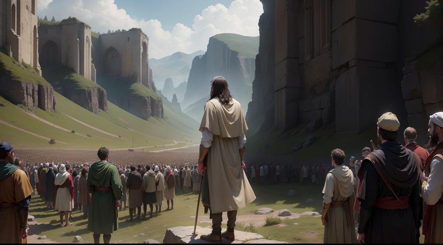 Man of biblical times standing and many people in the wilderness
