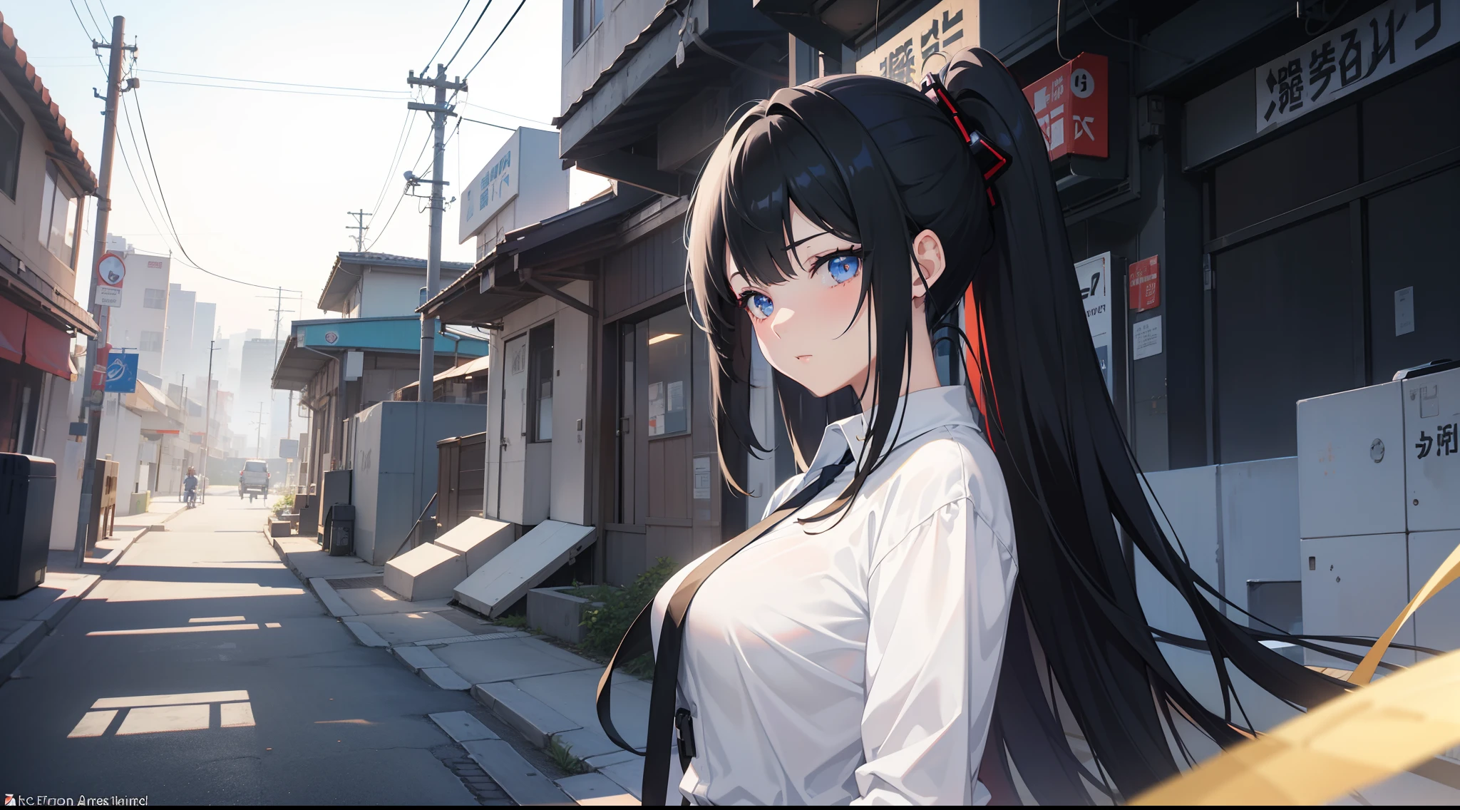 anime girl with black hair and blue eyes in a white shirt, anime girl, best anime 4k konachan wallpaper, from girls frontline, fine details. girls frontline, trending on artstation pixiv, kantai collection style, badass anime 8 k, extremely detailed artgerm, pixiv 3dcg, female action anime girl, cyberpunk anime girl mech