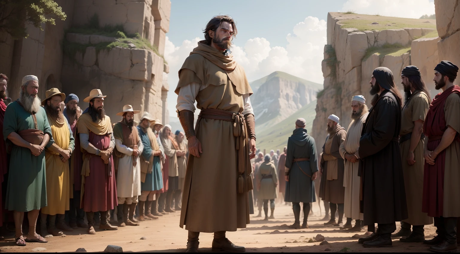 Man of biblical times standing and many people in the wilderness