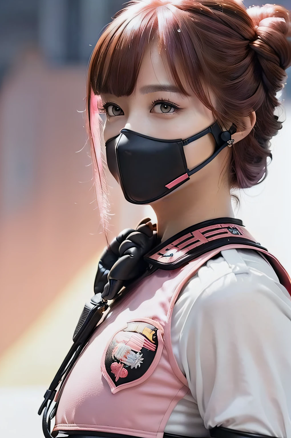 Top Quality, Ultra High Definition, (backlight), (Photorealistic: 1.4), (close up:1.6, focus on face), 1 Beautiful Girl, (Kpop Idol), Detailed Face, (Hair BrownyPink:1.3, full-bang, updo Hair:2), Contrapposto, Smooth Skin, Perfect Anatomy, Professional Lighting, ((wearing Futuristic Police Rush guard, police wappen, High-tech Headset, military harness, racing gloves, handgun)), ("POLICE", Cloths based on silver pink black white), (background, (Audience Coming close), crashed cars, fire, (Explosion)),