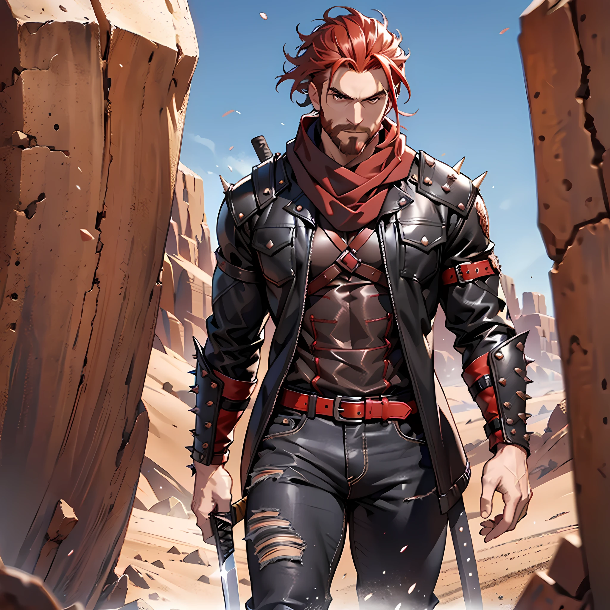 Redhead, black jacket, black jeans, red dress blouse, beard, brown eyes, light red hair, straight spiky hair, black boots, brown scarf, sword in the scabbard stuck at the waist, serious look, muscular man, developed physique, desert scenery.