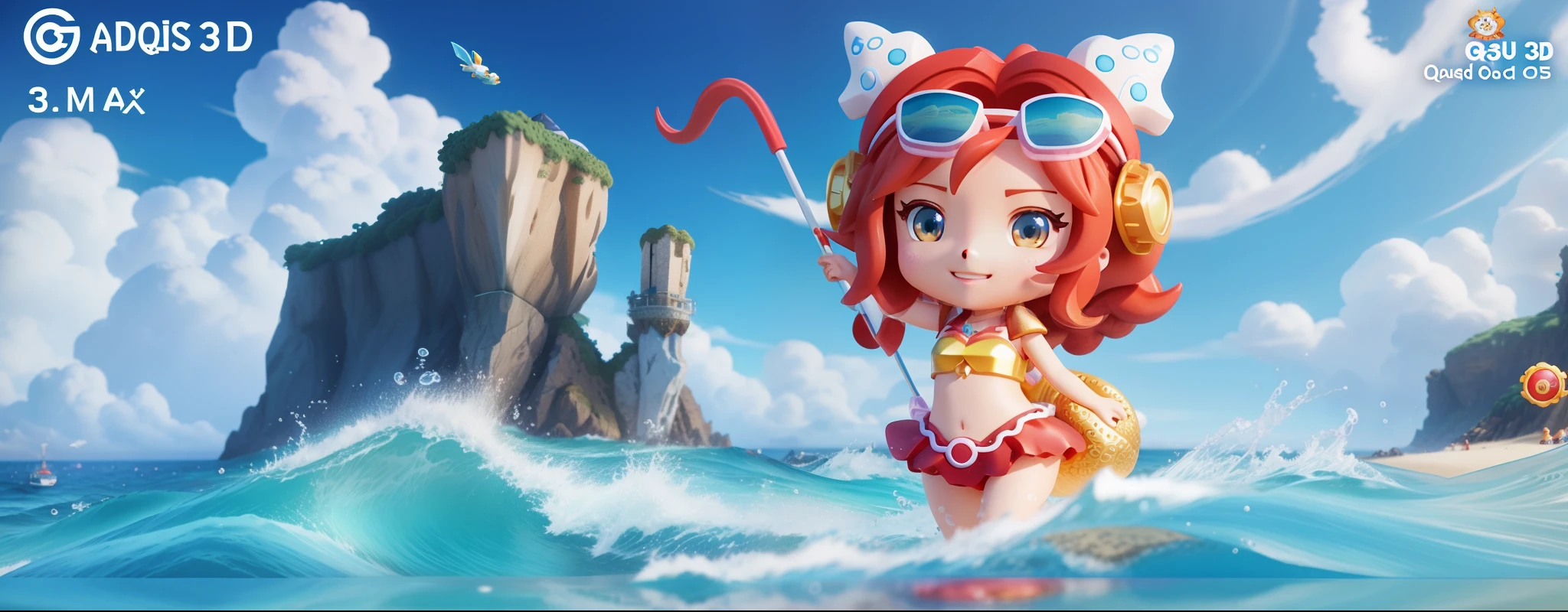 a close up of a cartoon character on a beach with an octopus, trending on cgstation, games 3 d, 3 d game, 3d anime, 3 d anime, 3 dmax, 3 d cartoon, trending at cgstation, 3 d icon for mobile game, queen of the sea mu yanling, game cg, 3 d animated movie, 3d anime poster