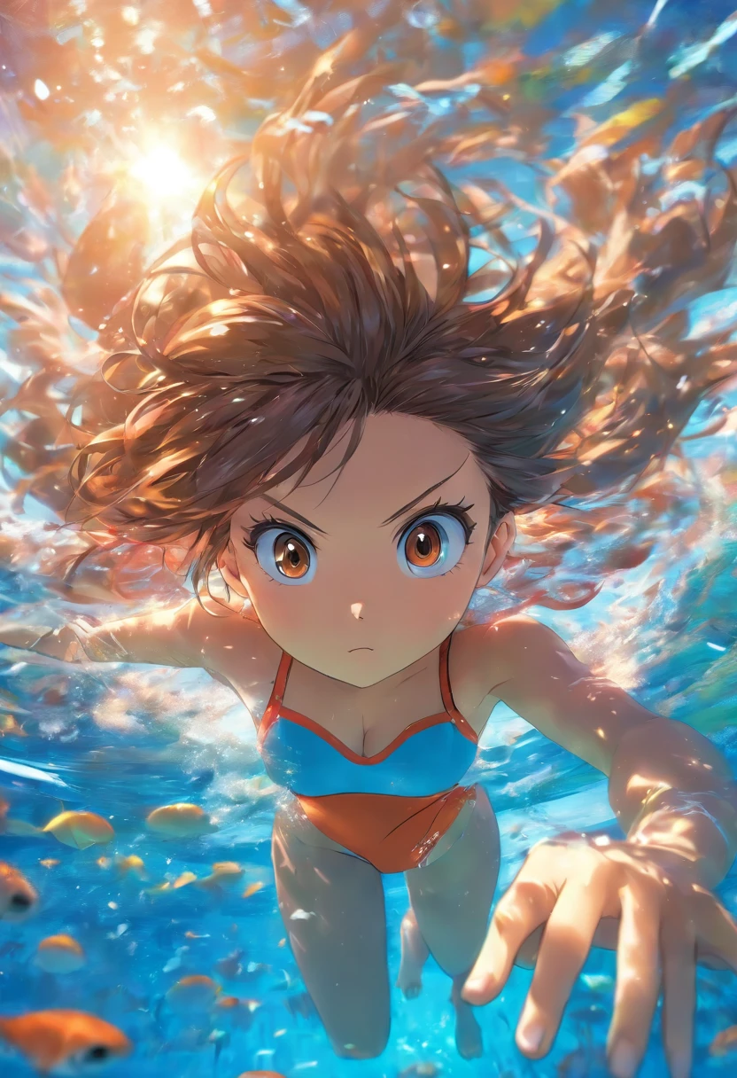 foreshortening, profundidade de campo, master part, best quality, 1girl, brown hair, olhos castanhos, cabelos longos, underwater, bolha de ar, sozinho, Olhando para o Viewer, school school swimsuit, swimming, luz solar fraca,