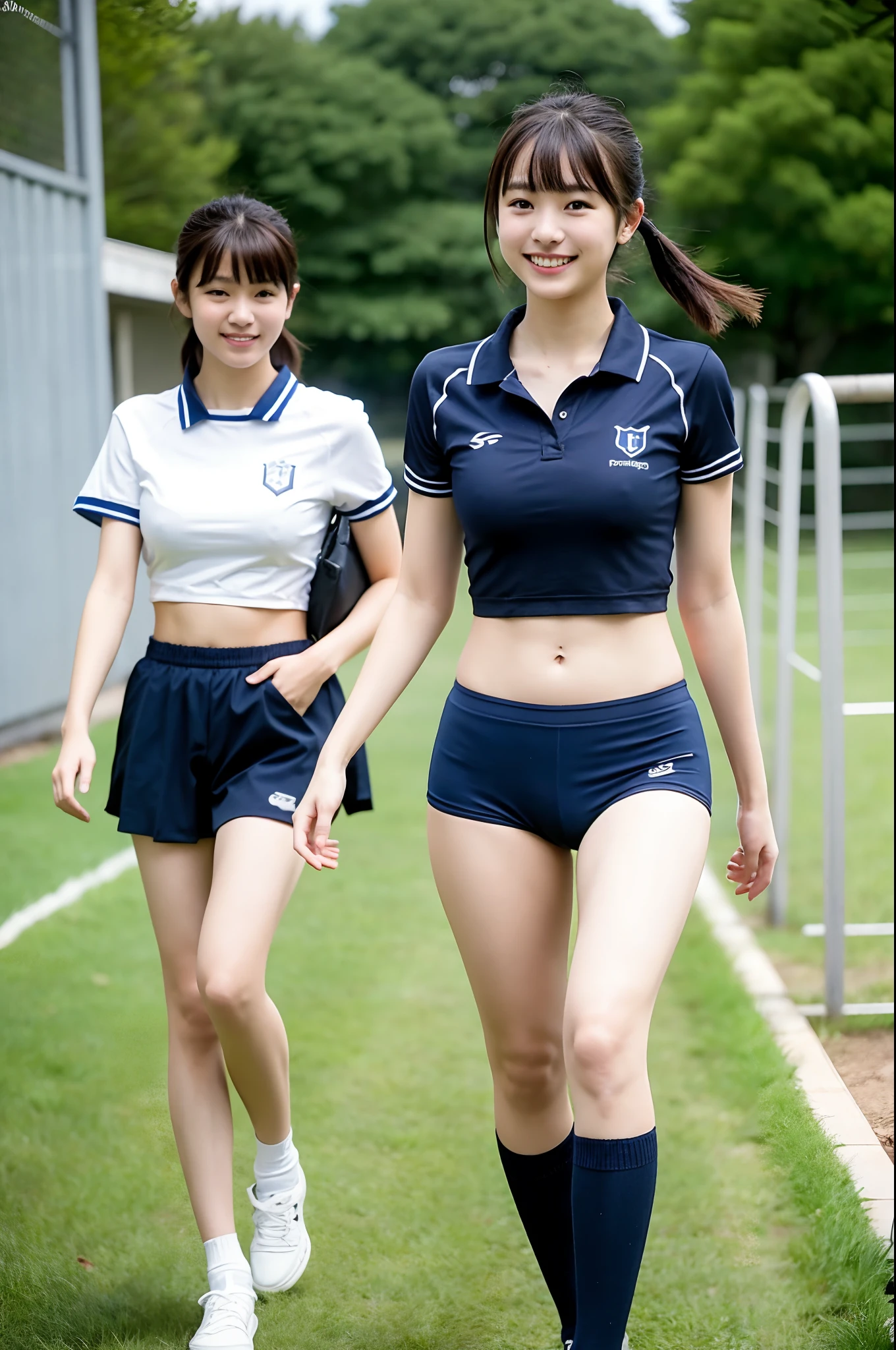 girls walking in school ground,speedo-style navy blue briefs without logo,white school gym shirt,18-year-old,bangs,a little smiles,thighs,knees,short cut hair,poneytail,from below