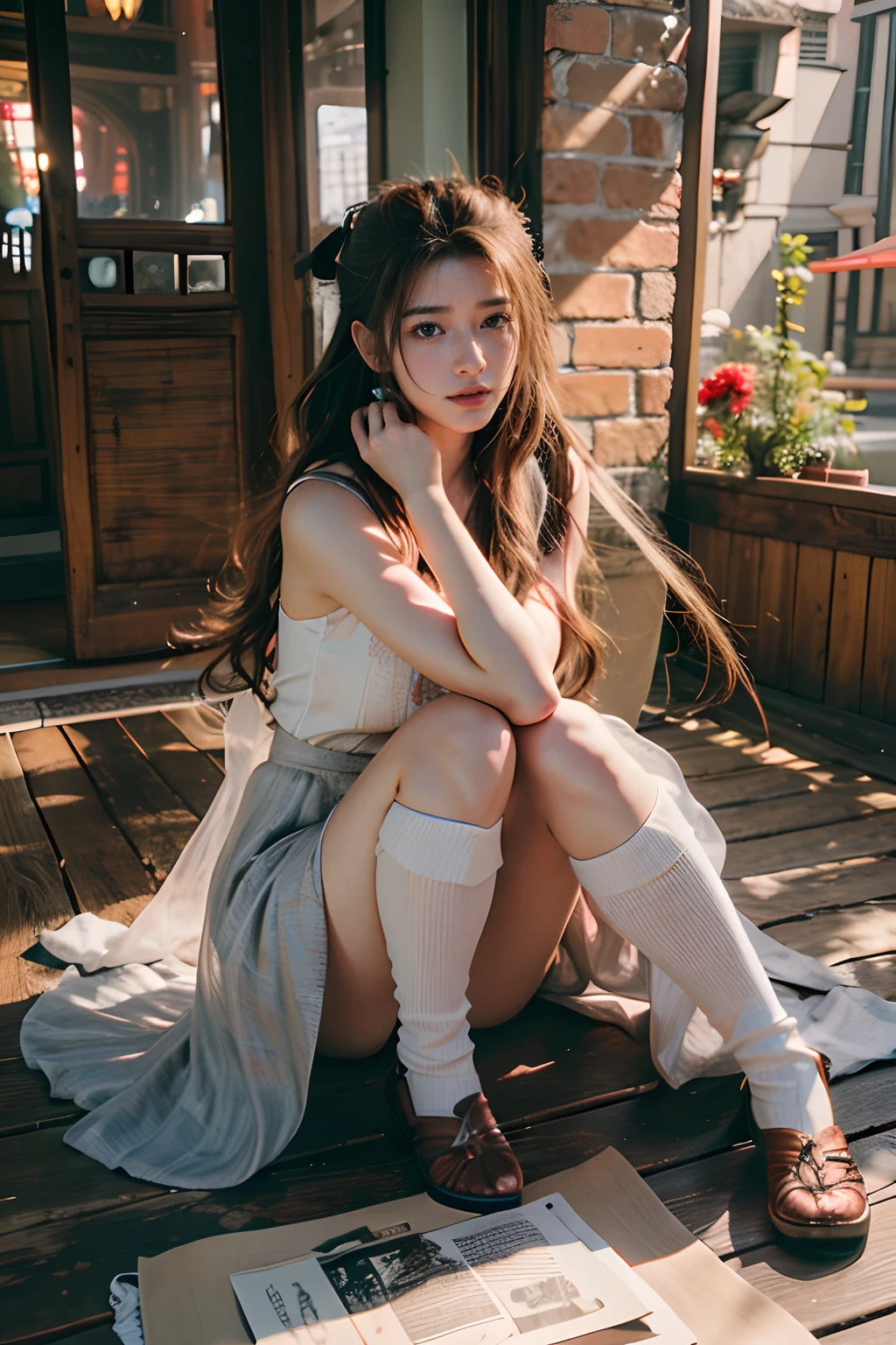 8k, RAW photo, portrait, best quality, ultra high res, photorealistic, intricate details, candid photography, Aerith Gainsborough from Final Fantasy VII,