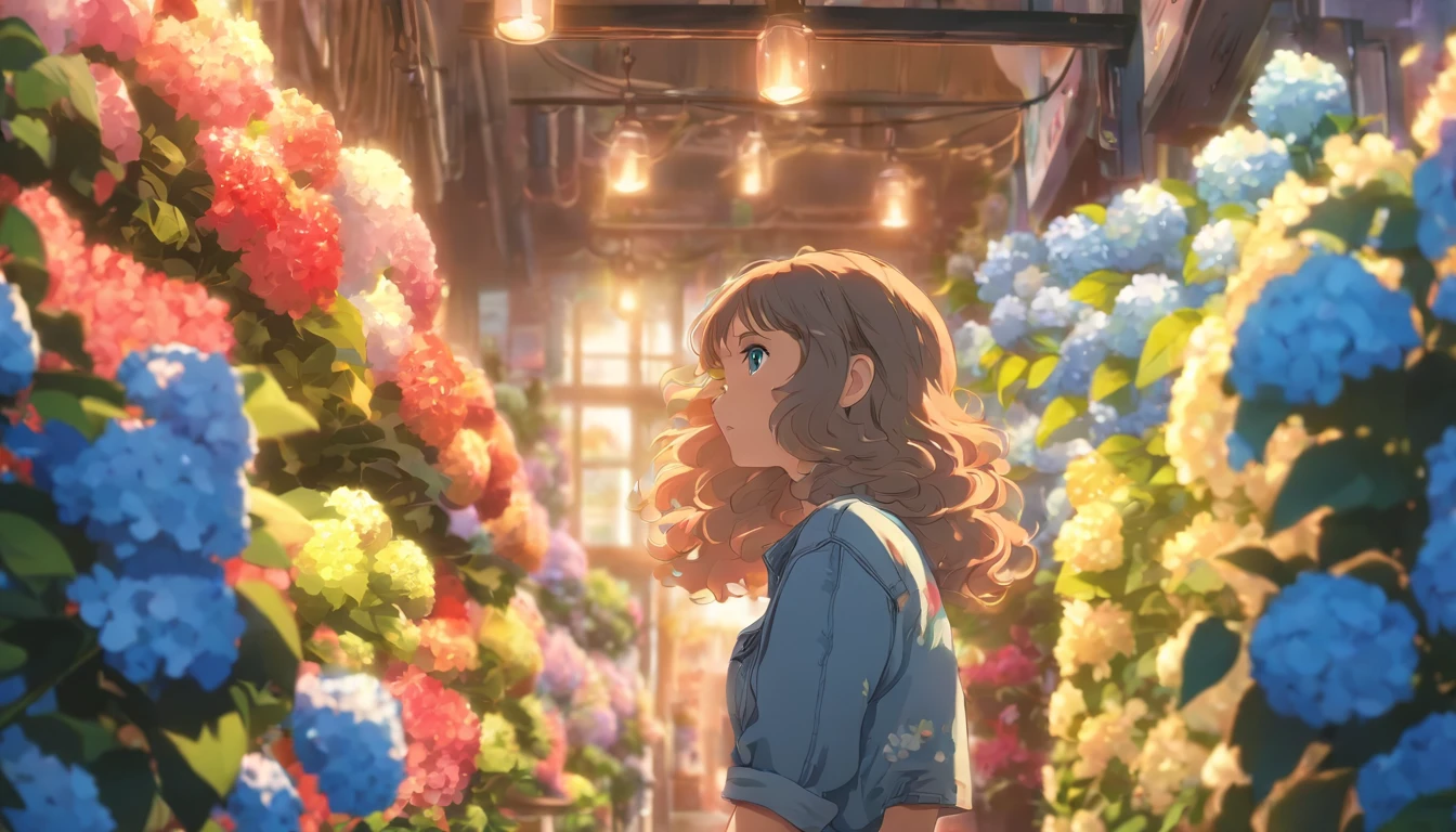 Flower shop、A girl in loose jeans looks at hydrangeas