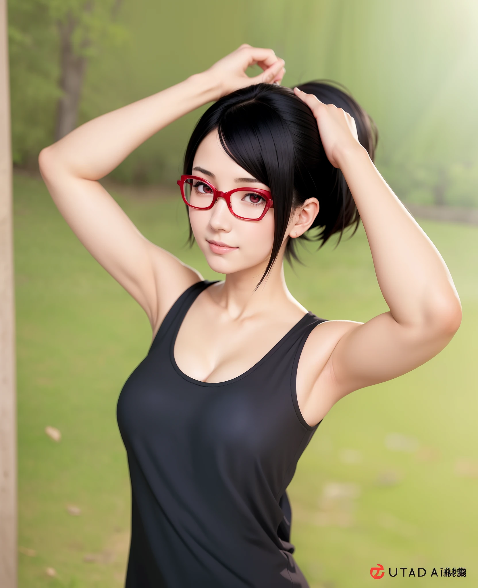 1girl, uchiha sarada in anime boruto, short hair, black hair, red eyes, smile, beautiful, sexy dress, sexy clothes, red clothes, very big breast, realistic clothes, detail clothes, outdoor background, ultra detail, realistic