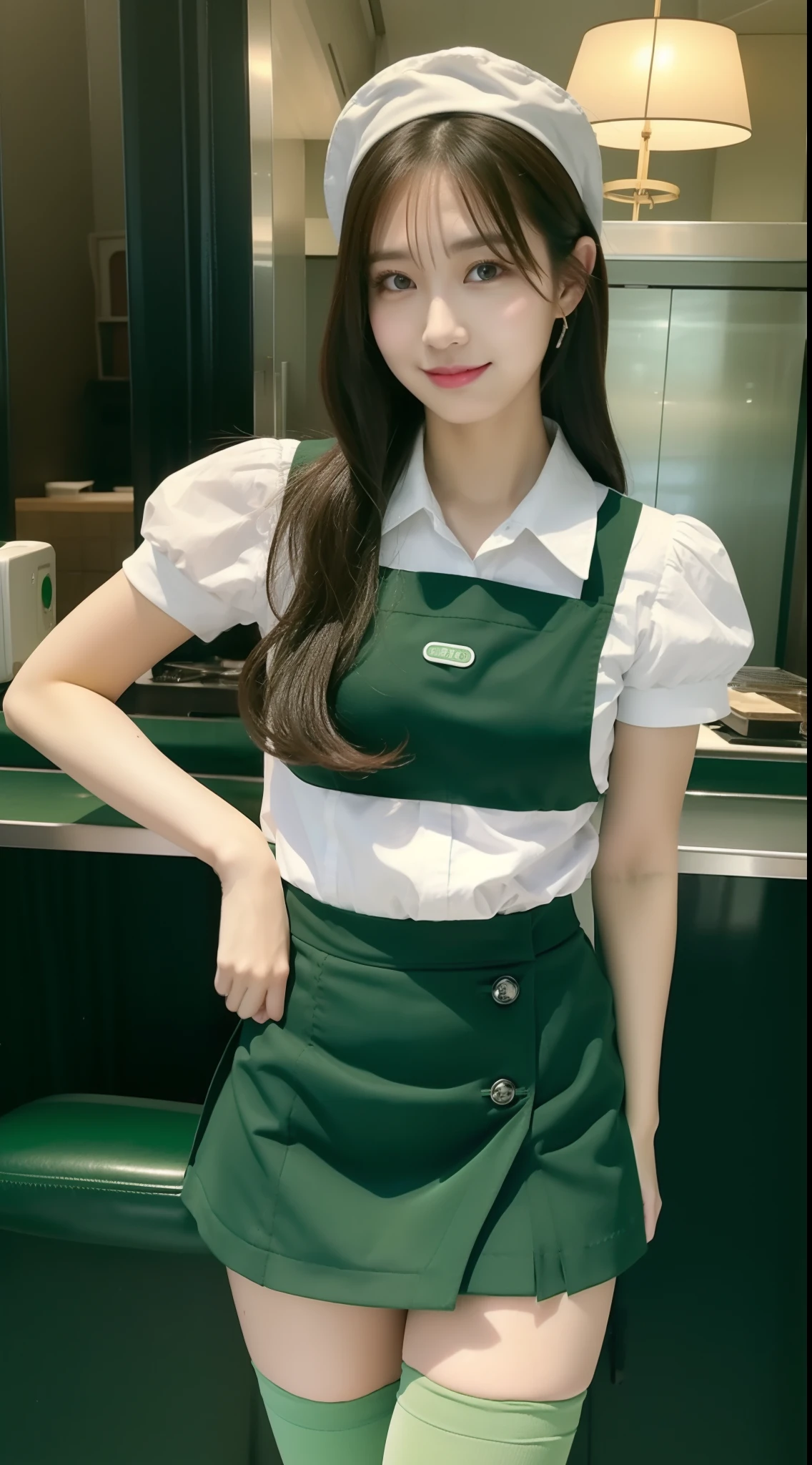 Waitress in green miniskirt