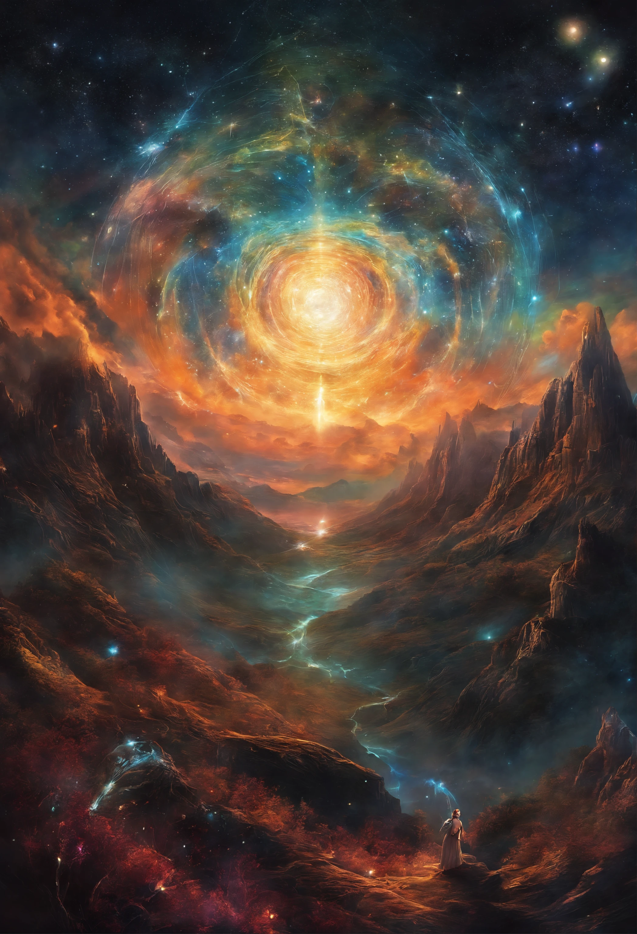 Create a metal album cover that shows towering mountains in the center of the image. El cielo nocturno debe estar lleno de constelaciones brillantes, generando un ambiente oscuro y misterioso. Si es posible, It incorporates a black hole in the background to increase the sense of the unknown and the enigmatic....